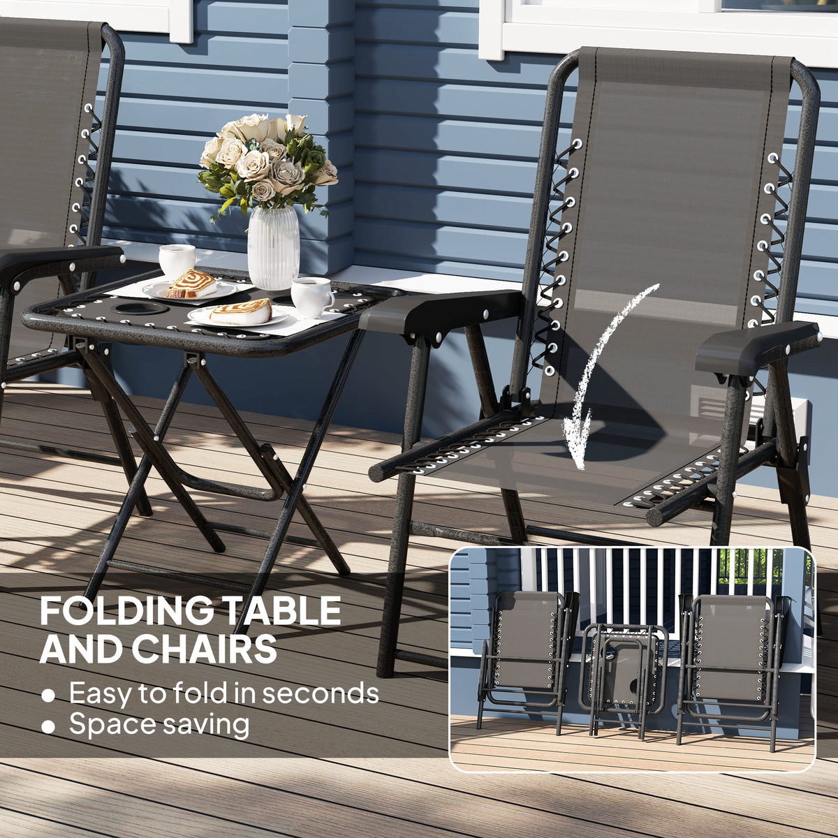 3 Pieces Patio Bistro Set, Outdoor Folding Table and Chairs Set, Metal Patio Furniture Set with Cup Holders – Black