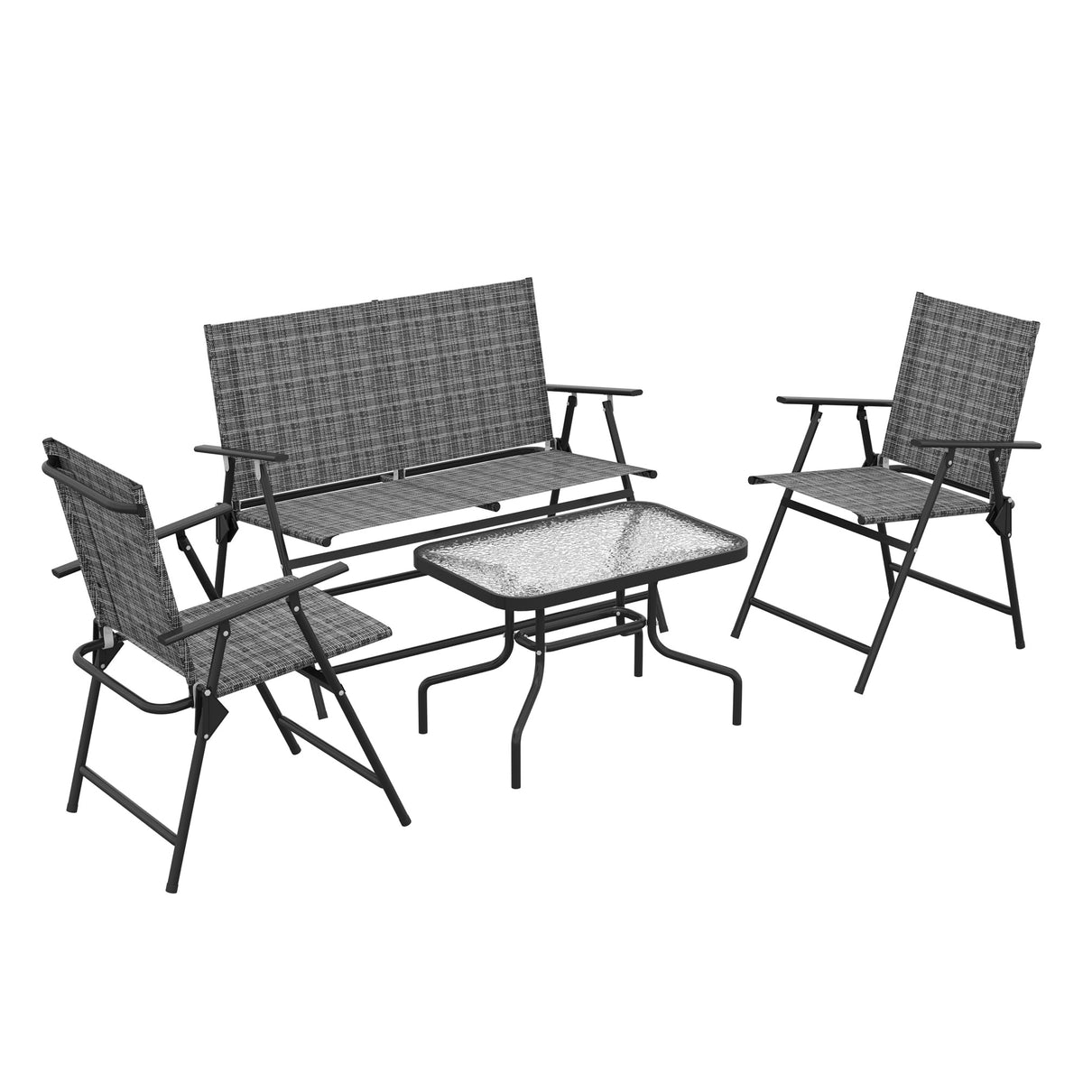 Outdoor 4 Pieces Patio Furniture Set, Garden Set with Two Foldable Armchairs, a Loveseat & Glass Top Table – Mixed Grey
