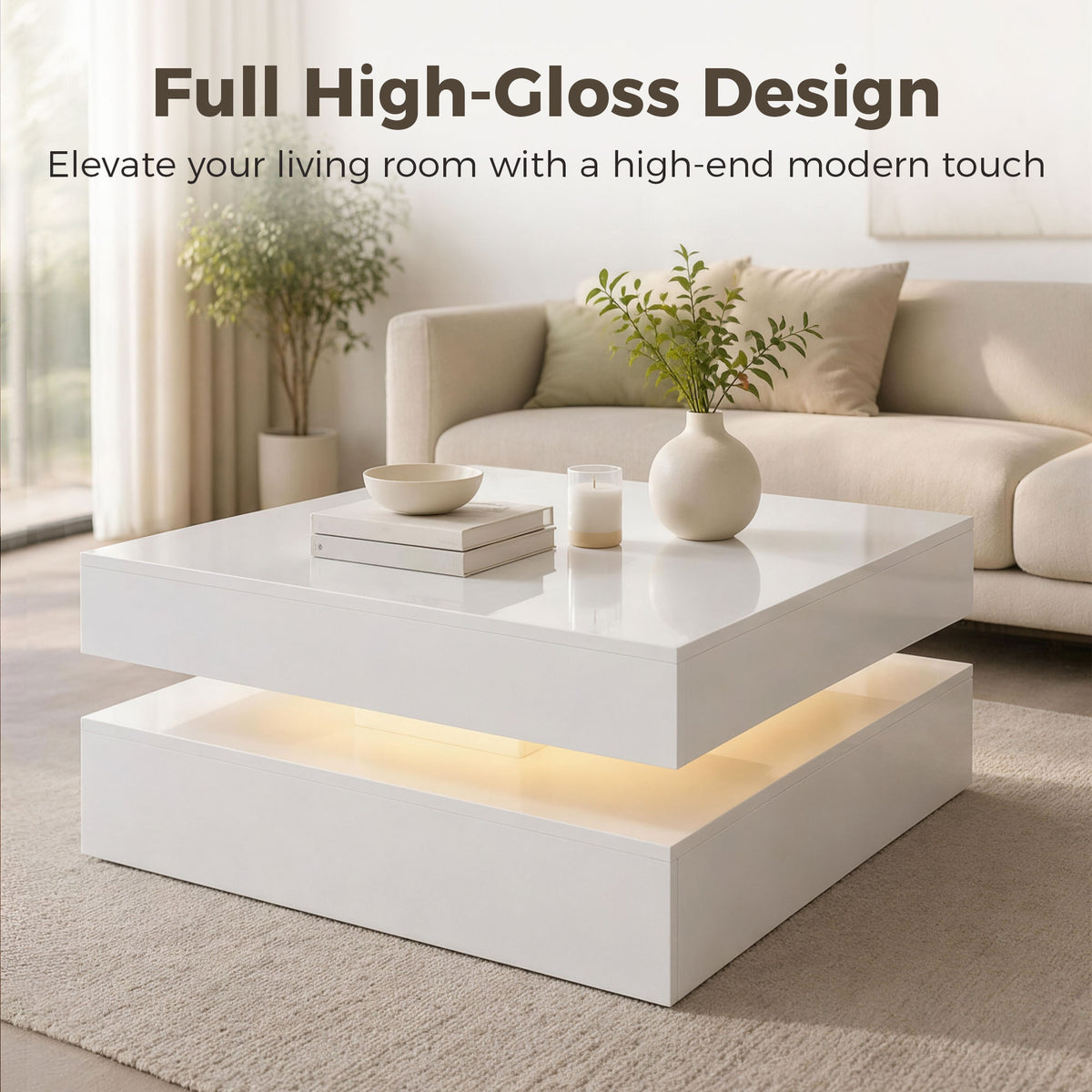 Square LED Coffee Table with 2-Tier Open Storage, High Gloss White