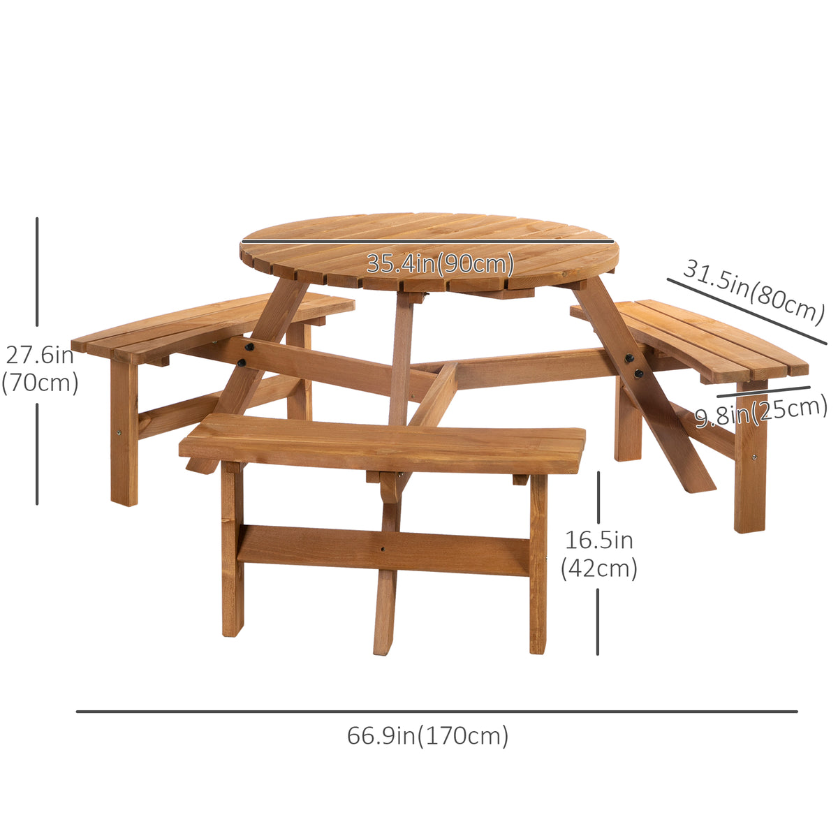 6 Person Round Picnic Table Bench Set with Umbrella Hole, Wood Patio Table with 3 Built-in Benches for Garden, Deck, Backyard – Brown