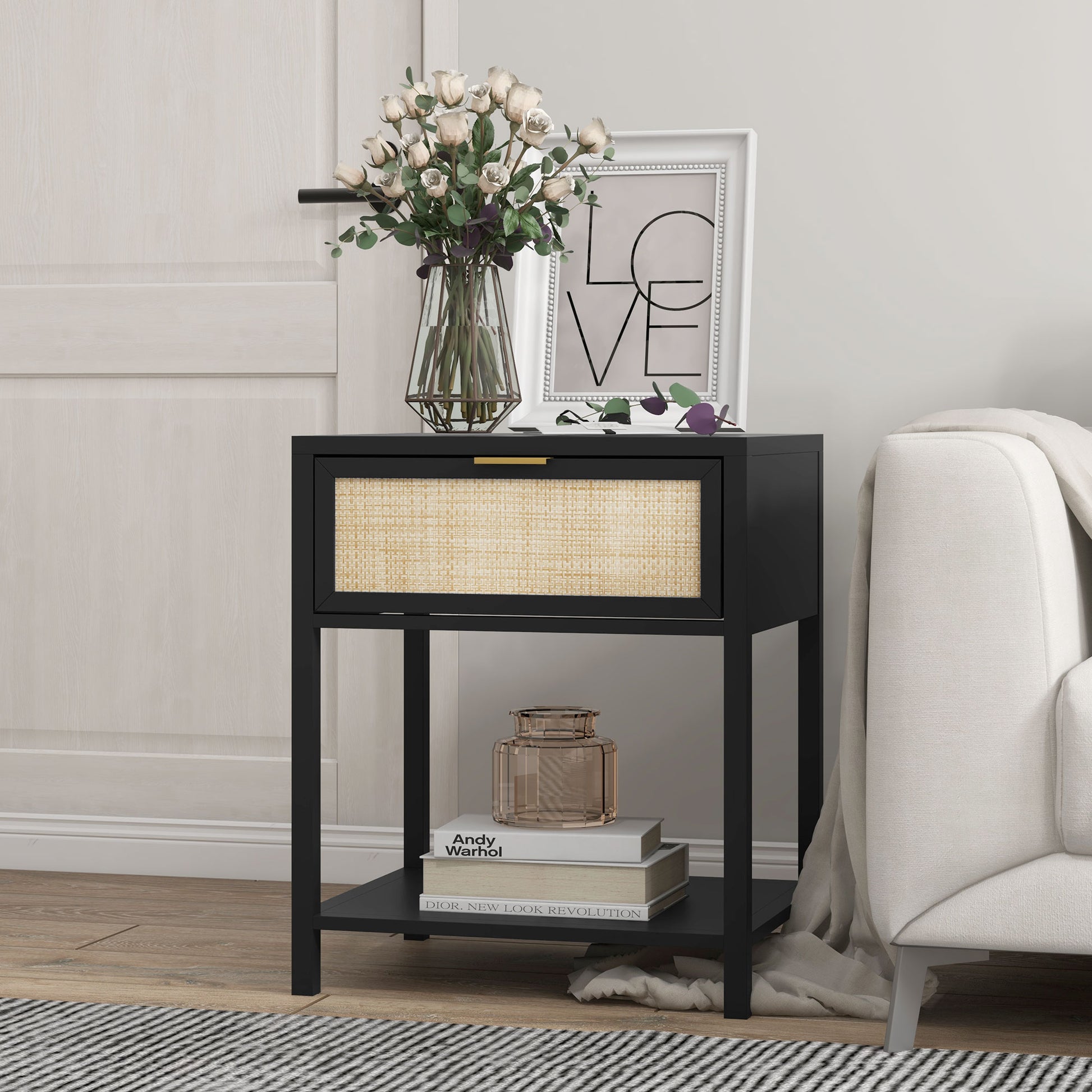 HOMCOM Modern Boho Black Nightstand with Rattan Drawer & Open Shelf