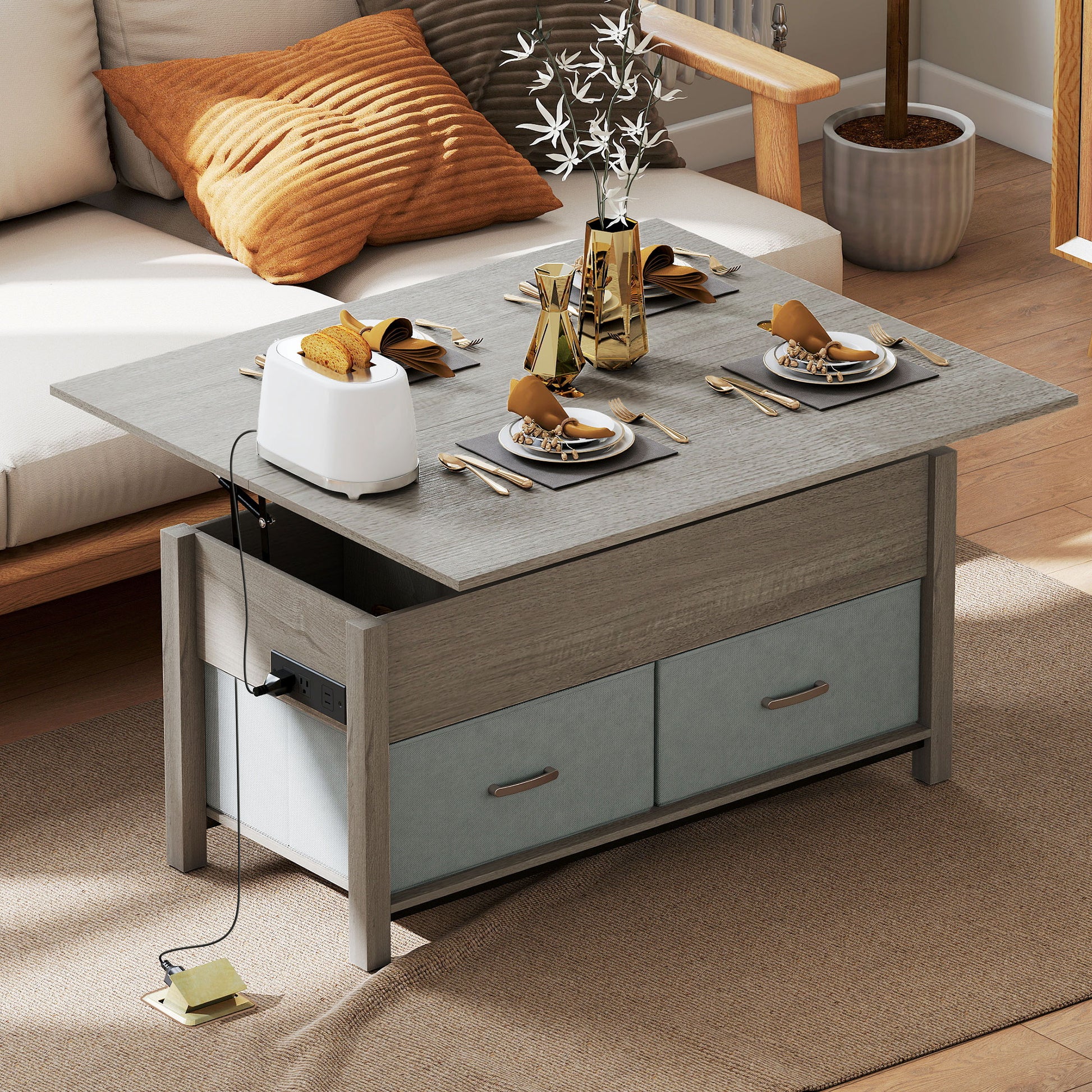 Modern Lift Top Coffee Table with Charging, Hidden Storage & Fabric Drawers