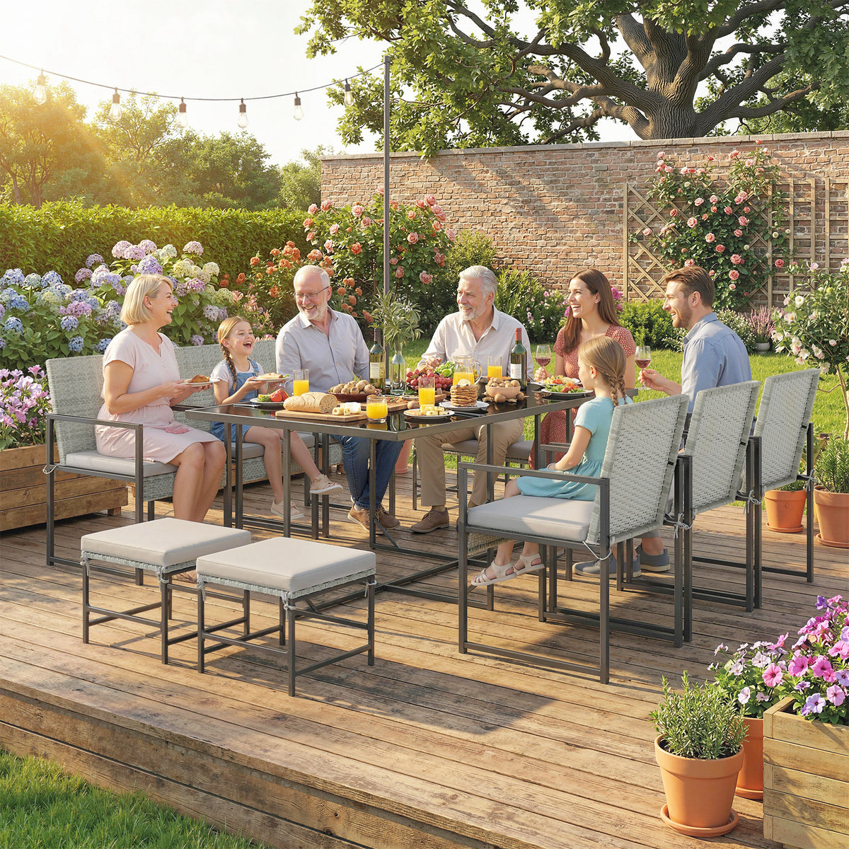 11 Pieces Wicker Patio Dining Set, Rattan Outdoor Furniture Set with 6 Armchairs, 4 Stools