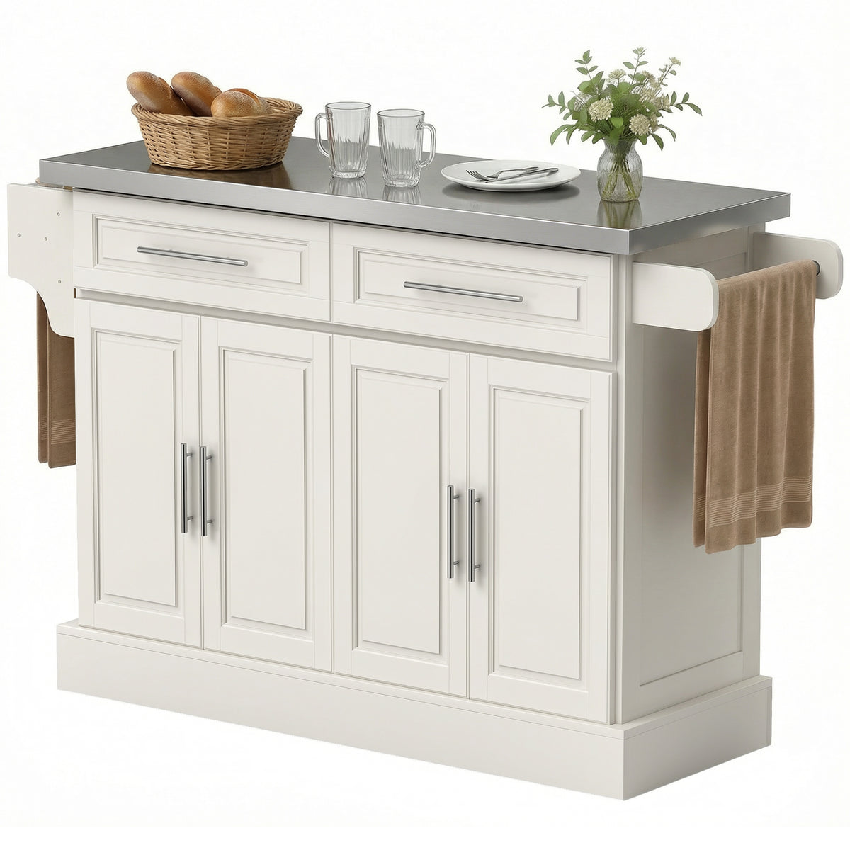 Rolling Kitchen Island with Stainless Steel Top – 57"W x 37"H