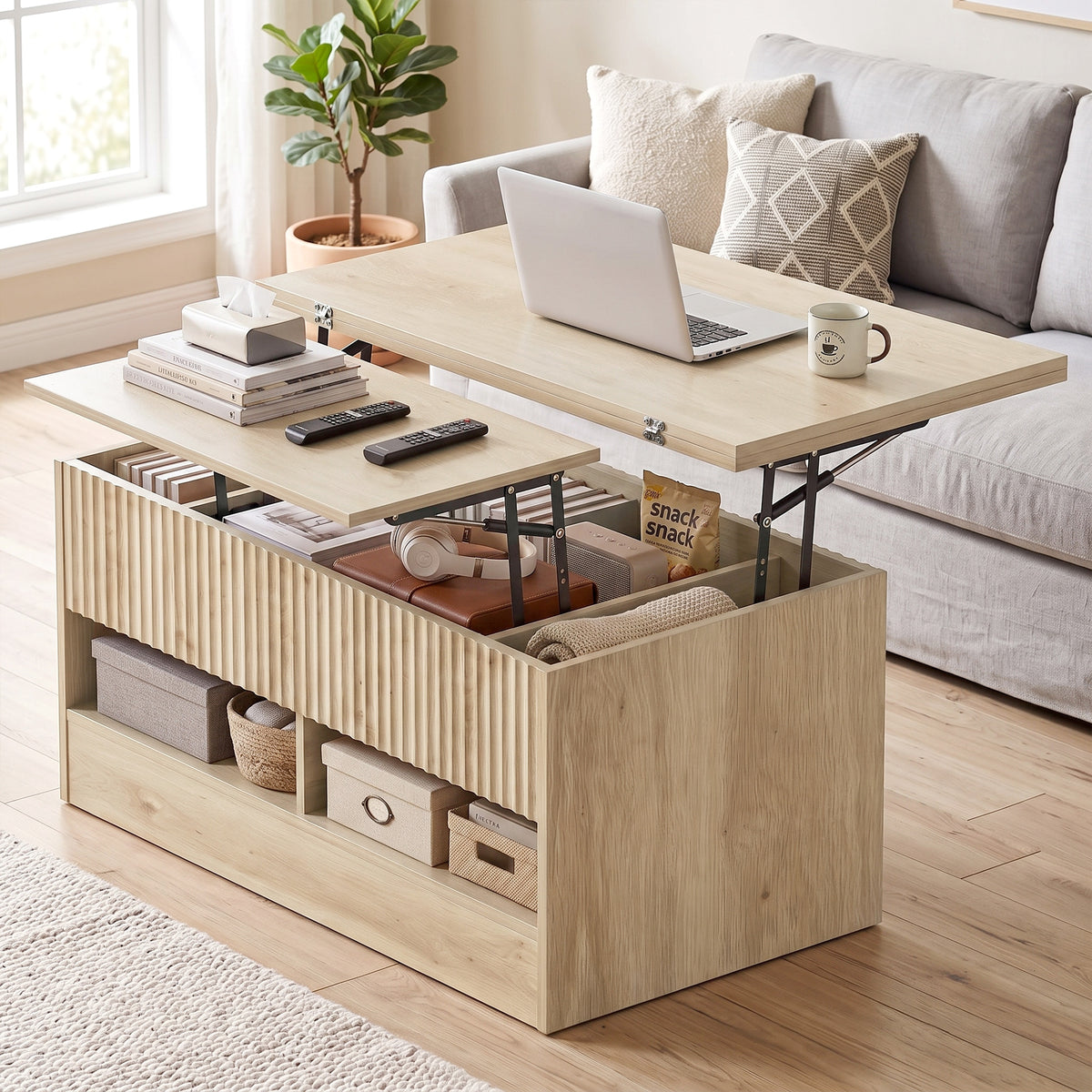 Lift-Top Coffee Table with Dual-Zone Expandable Top and Hidden Storage, Oak