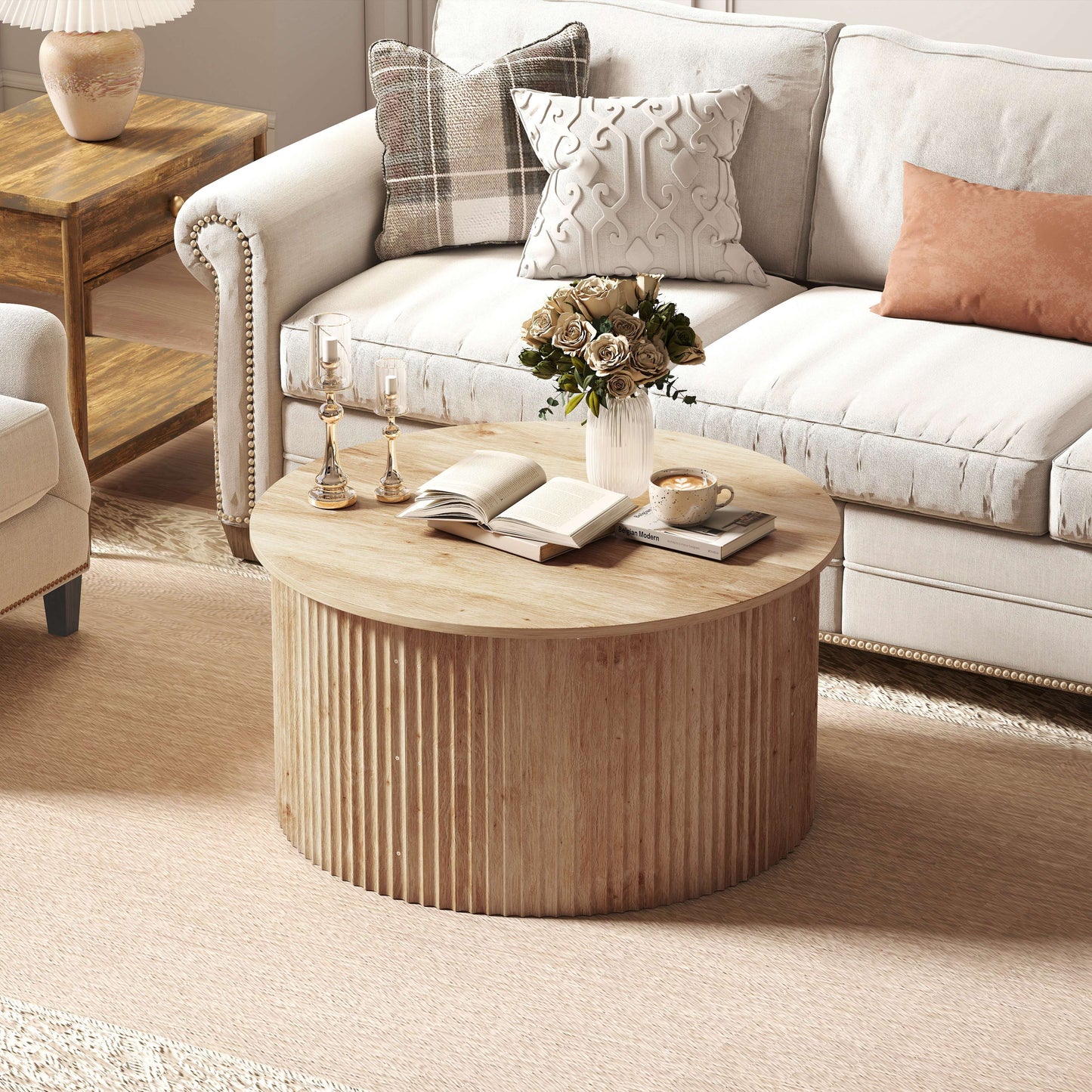 HOMCOM Round Lift Top Coffee Table 80cm Storage Natural Wood