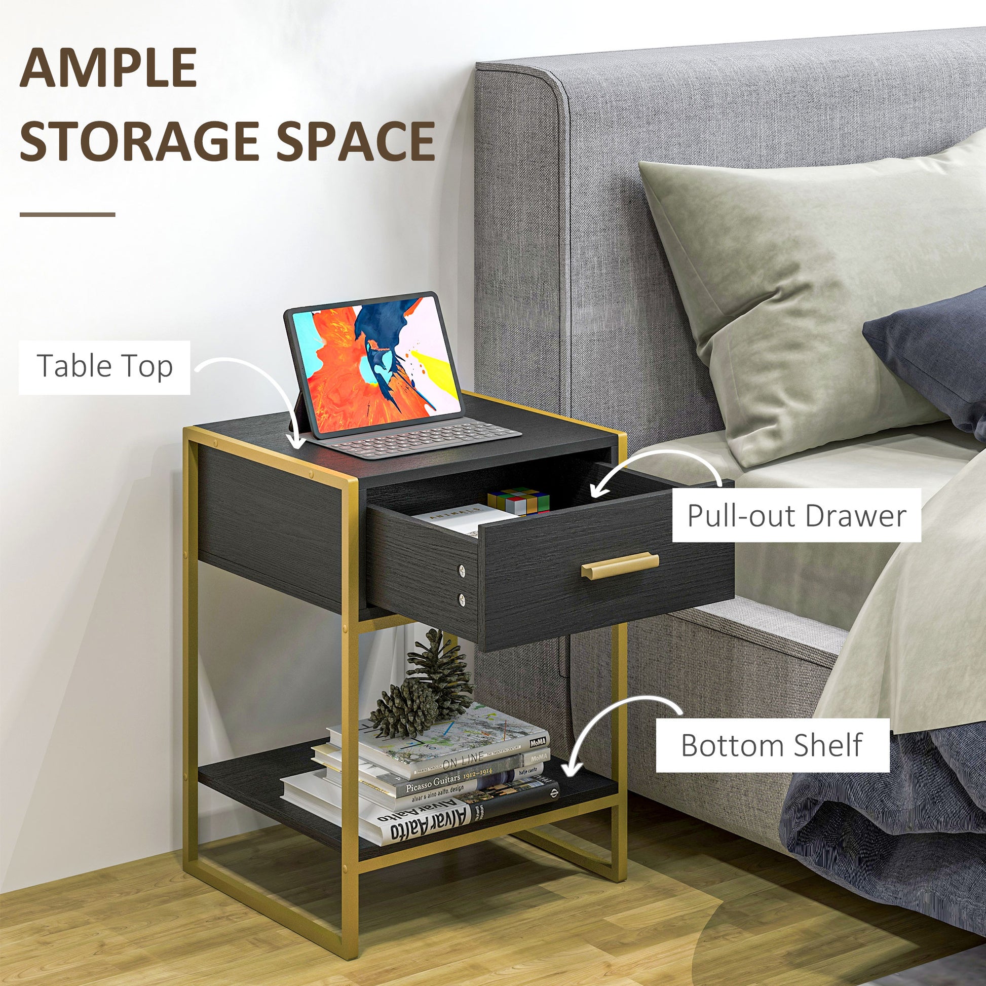 HOMCOM Modern Black Nightstand Set: Drawer, Shelf, Steel Frame