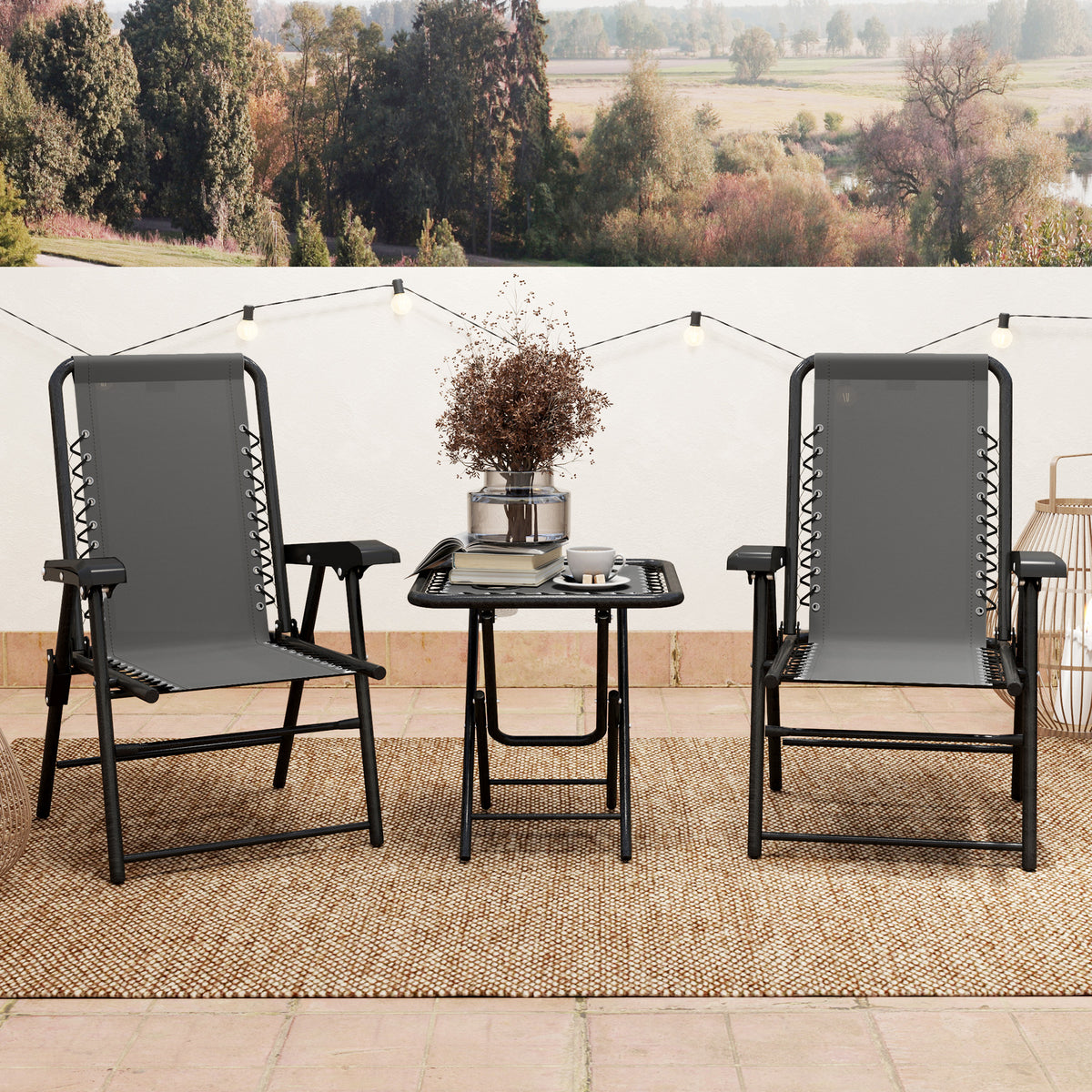3 Pieces Patio Bistro Set, Outdoor Folding Table and Chairs Set, Metal Patio Furniture Set with Cup Holders – Dark Grey, Black