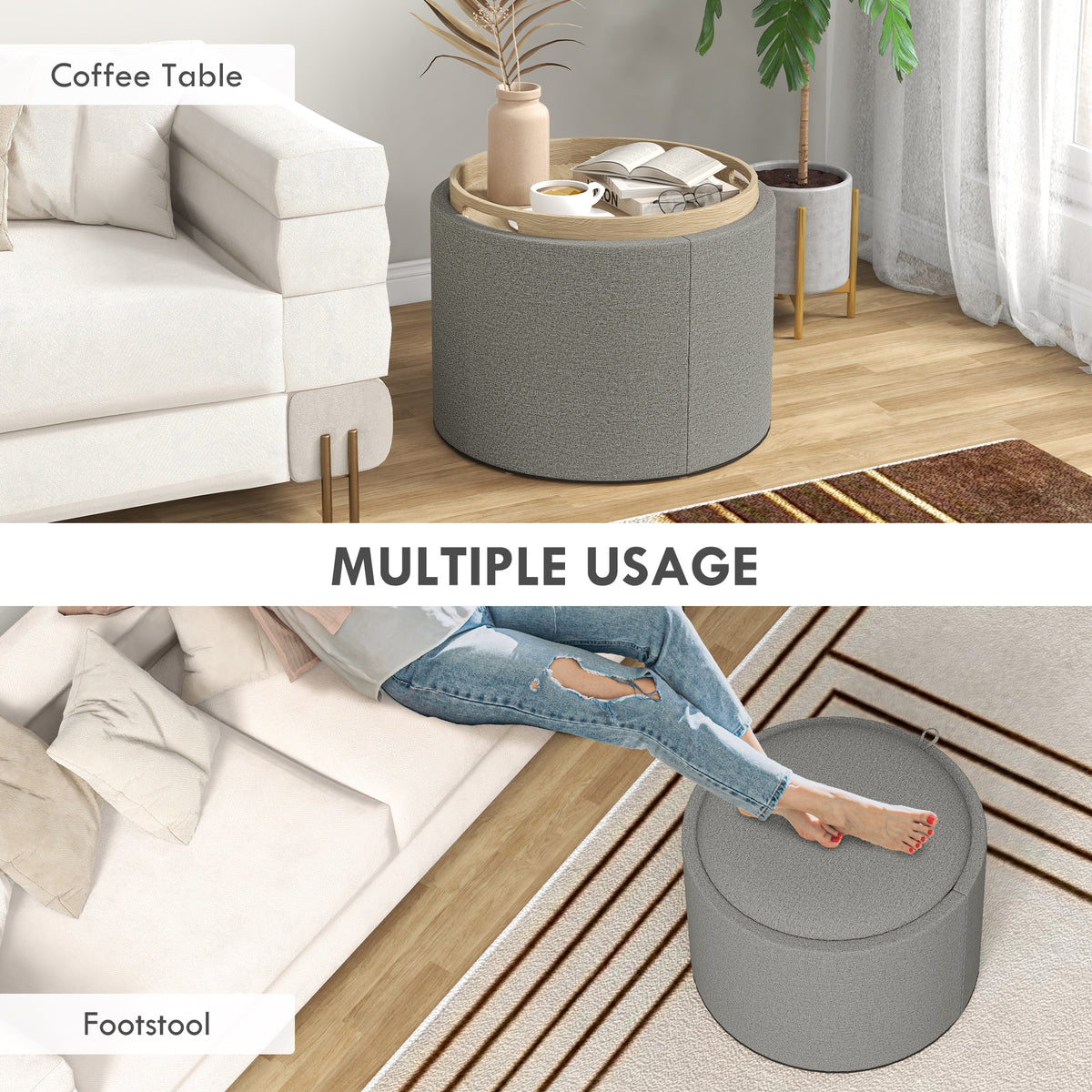 Round Storage Ottoman Coffee Table with Tray Top, Linen Upholstered
