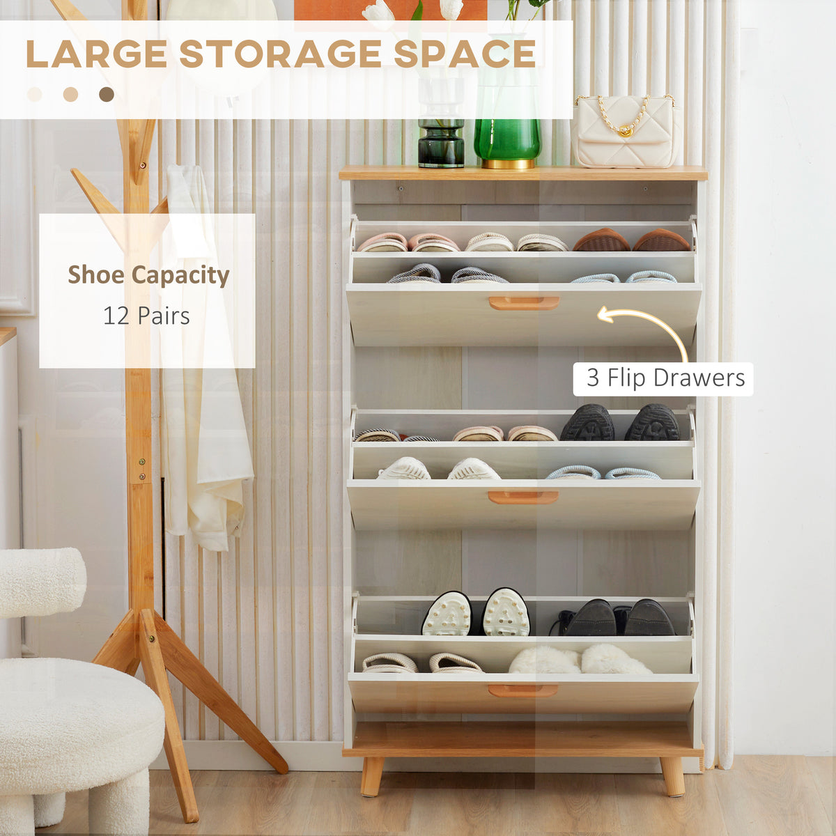Modern Shoe Cabinet with 3 Flip Drawers and Adjustable Shelf – 28"W x 48"H