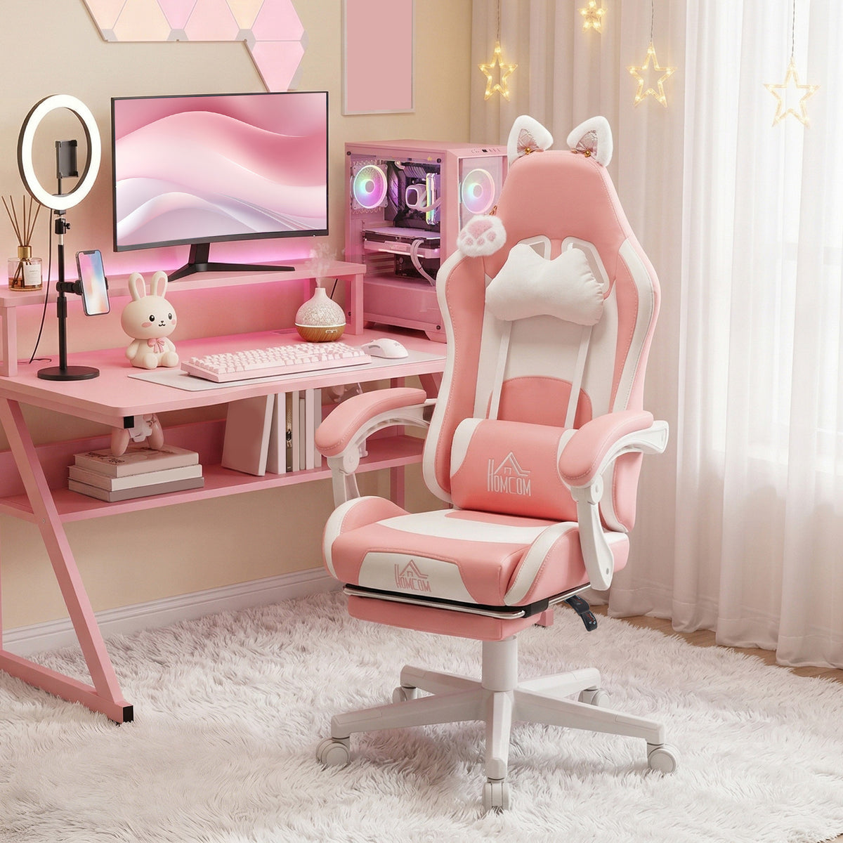 Cute Racing Gamer Chair, Faux Leather Gaming Chair with Footrest, Pink