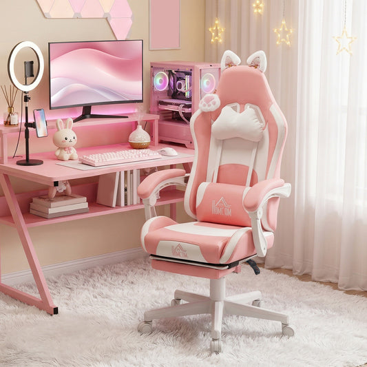 Cute Racing Gamer Chair, Faux Leather Gaming Chair with Footrest, Pink