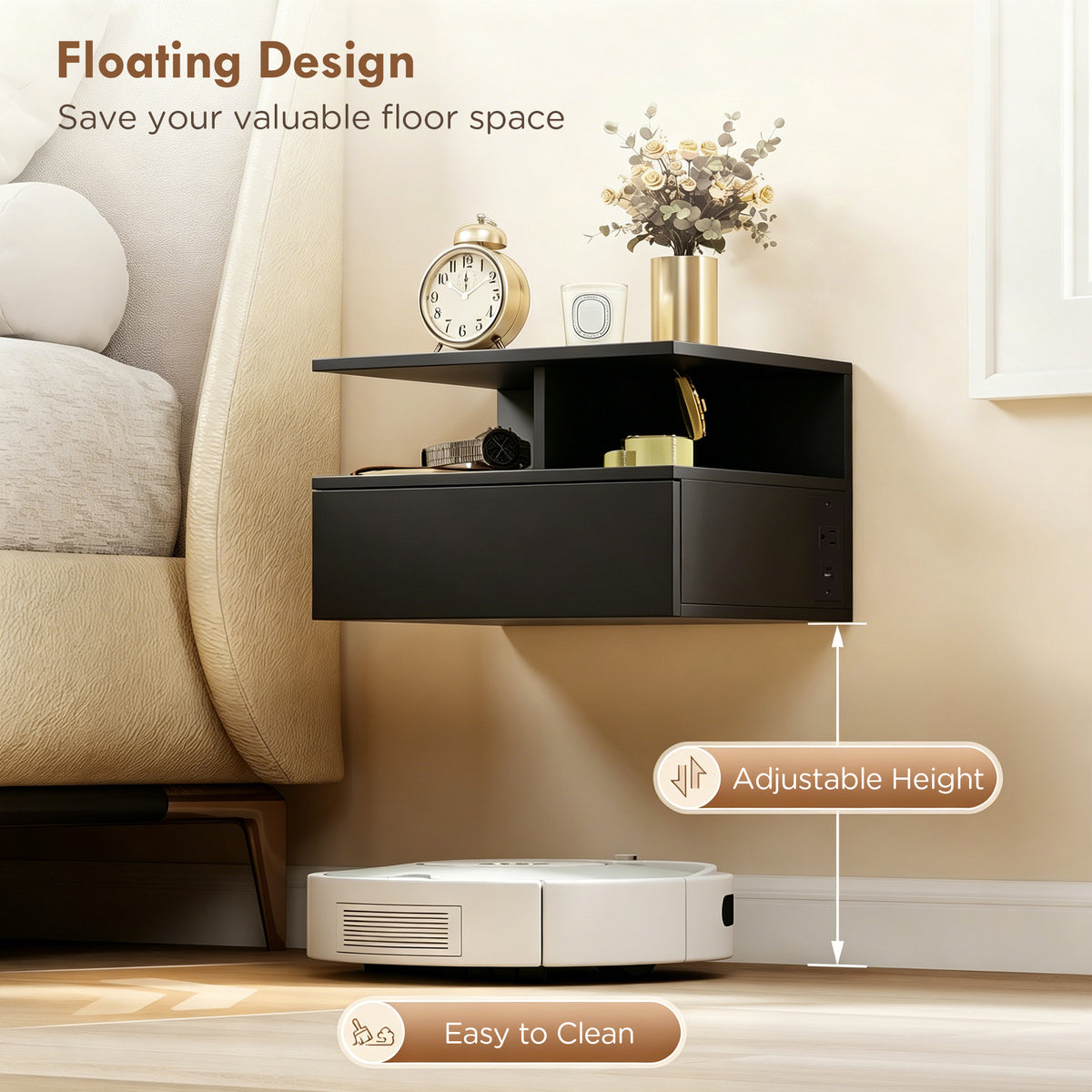 Floating Nightstands with Power Outlets, Set of 2 – 16"W x 12"H
