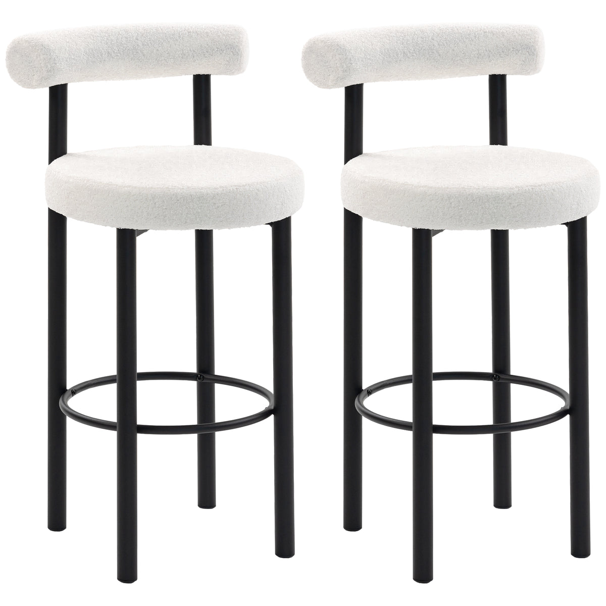 Sherpa Bar Height Stools with Backrest and Footrest, Set of 2, Cream White