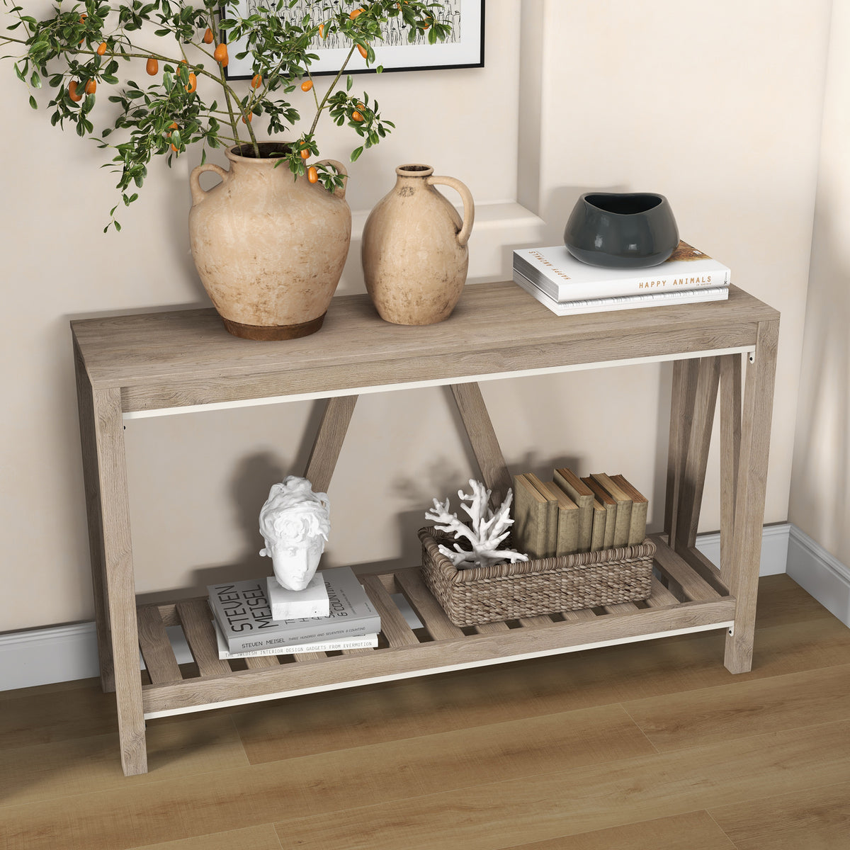 Farmhouse Console Table with Storage Shelf, Distressed Grey