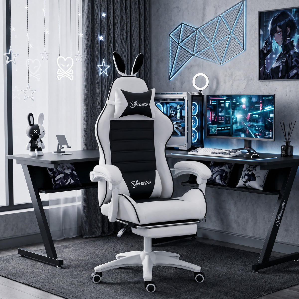 Cute Racing Gamer Chair, PU Leather Gaming Chair with Footrest, Black