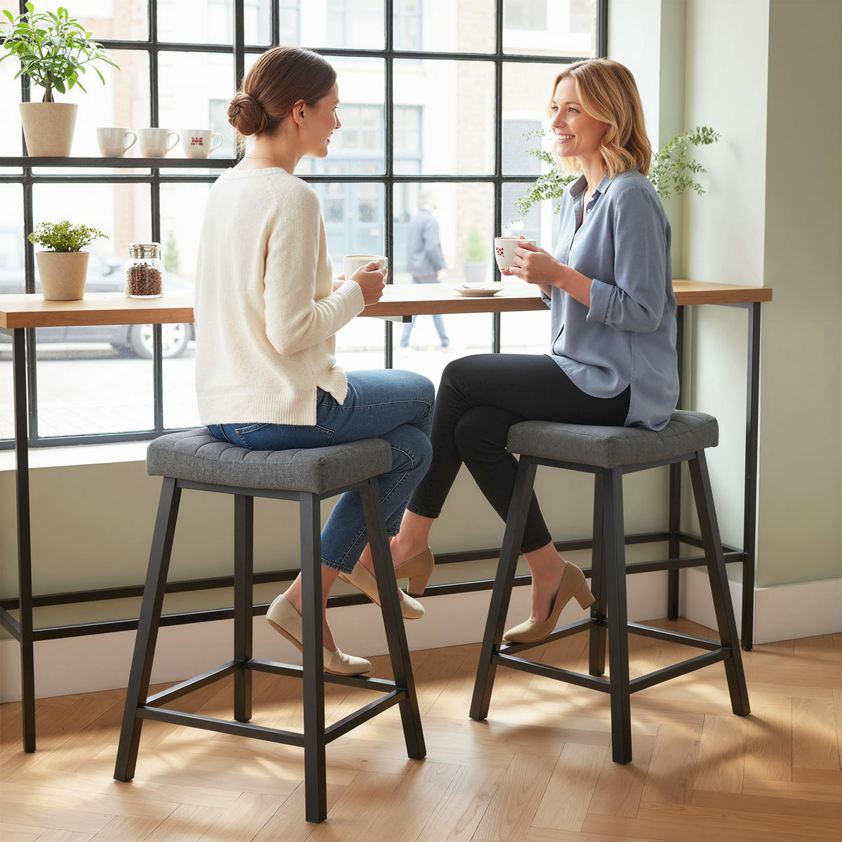 Velvet Counter Stools with Curved Saddle Seat and Footrest, Set of 2, Grey