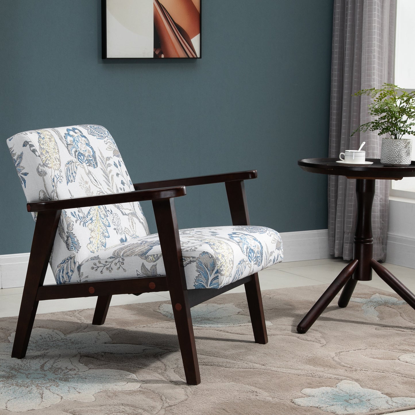 HOMCOM Mid-Century Modern Accent Lounge Chair, Floral Fabric Upholstered, Rubberwood Legs