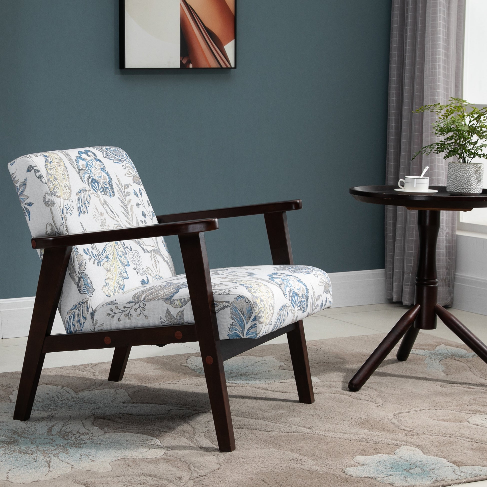 HOMCOM Mid-Century Modern Accent Lounge Chair, Floral Fabric Upholstered, Rubberwood Legs