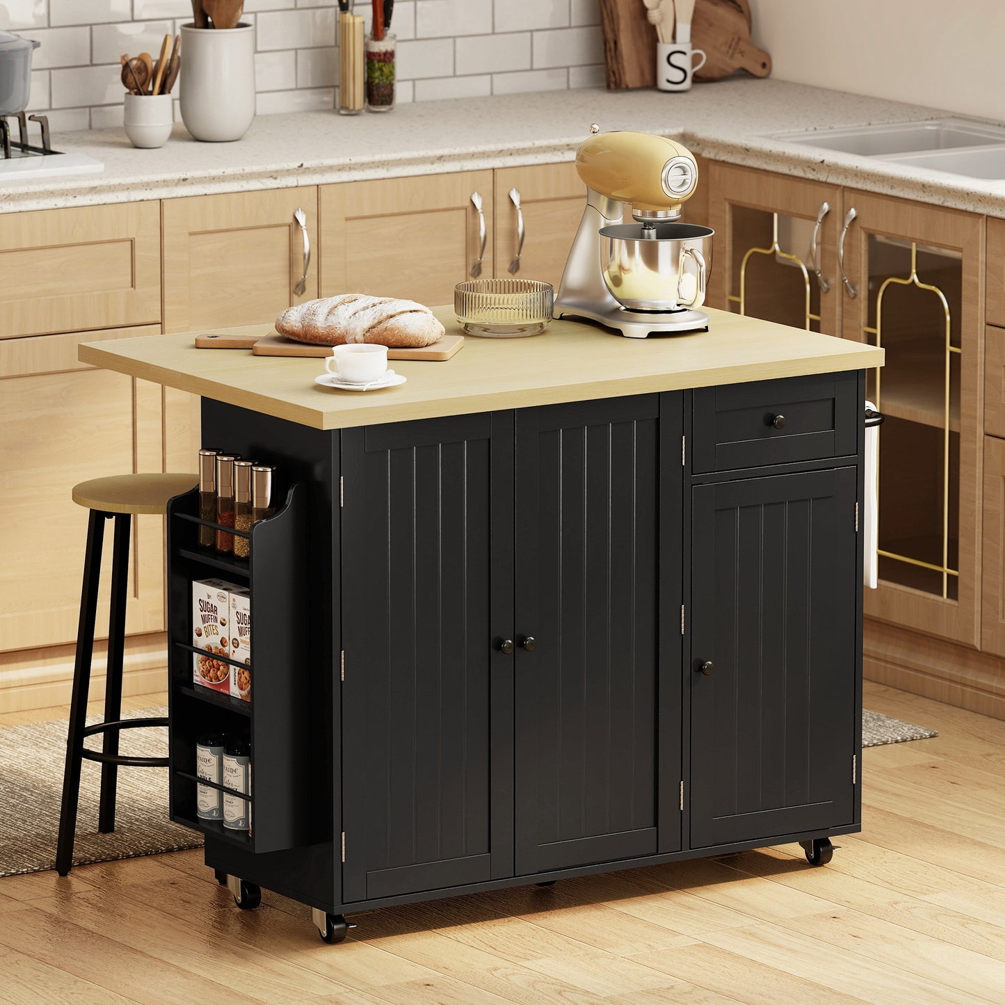 HOMCOM Kitchen Island Cart Drop Leaf Drawer Spice Rack Black