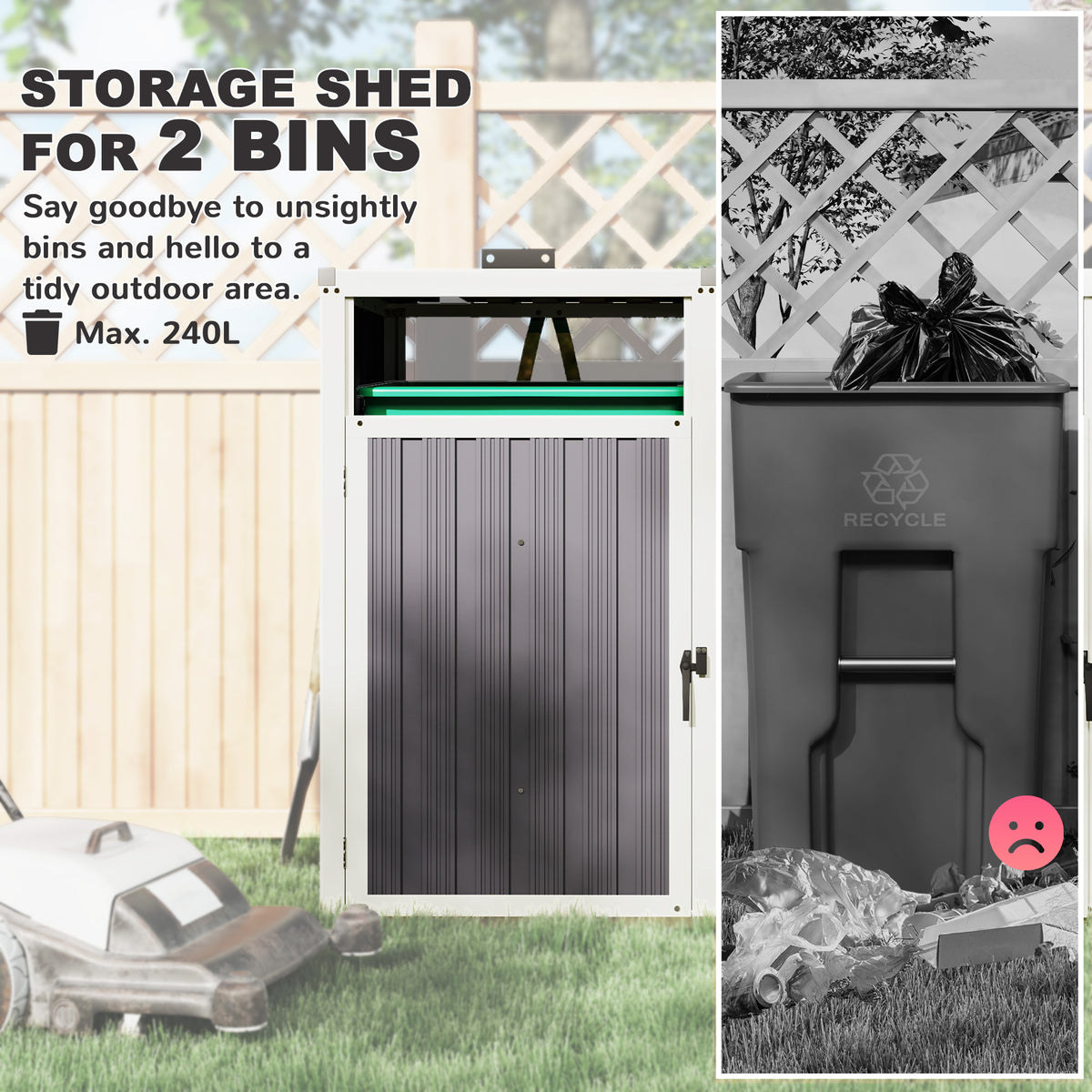 Double Garbage Bin Shed, Lockable Outdoor Storage Shed with Openable Lid, Galvanized Frame for Garden Patio