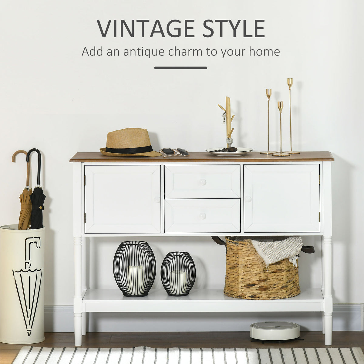 Vintage Console Table with 2 Drawers & Cabinets