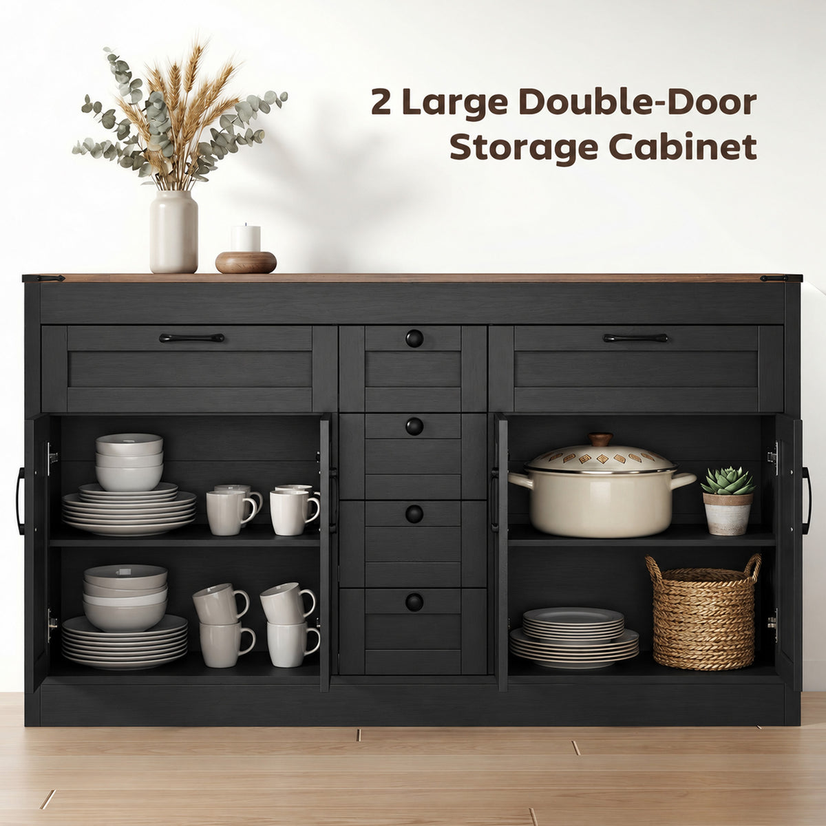 Farmhouse Kitchen Cabinet with 4 Barn Doors – 55"W x 32"H