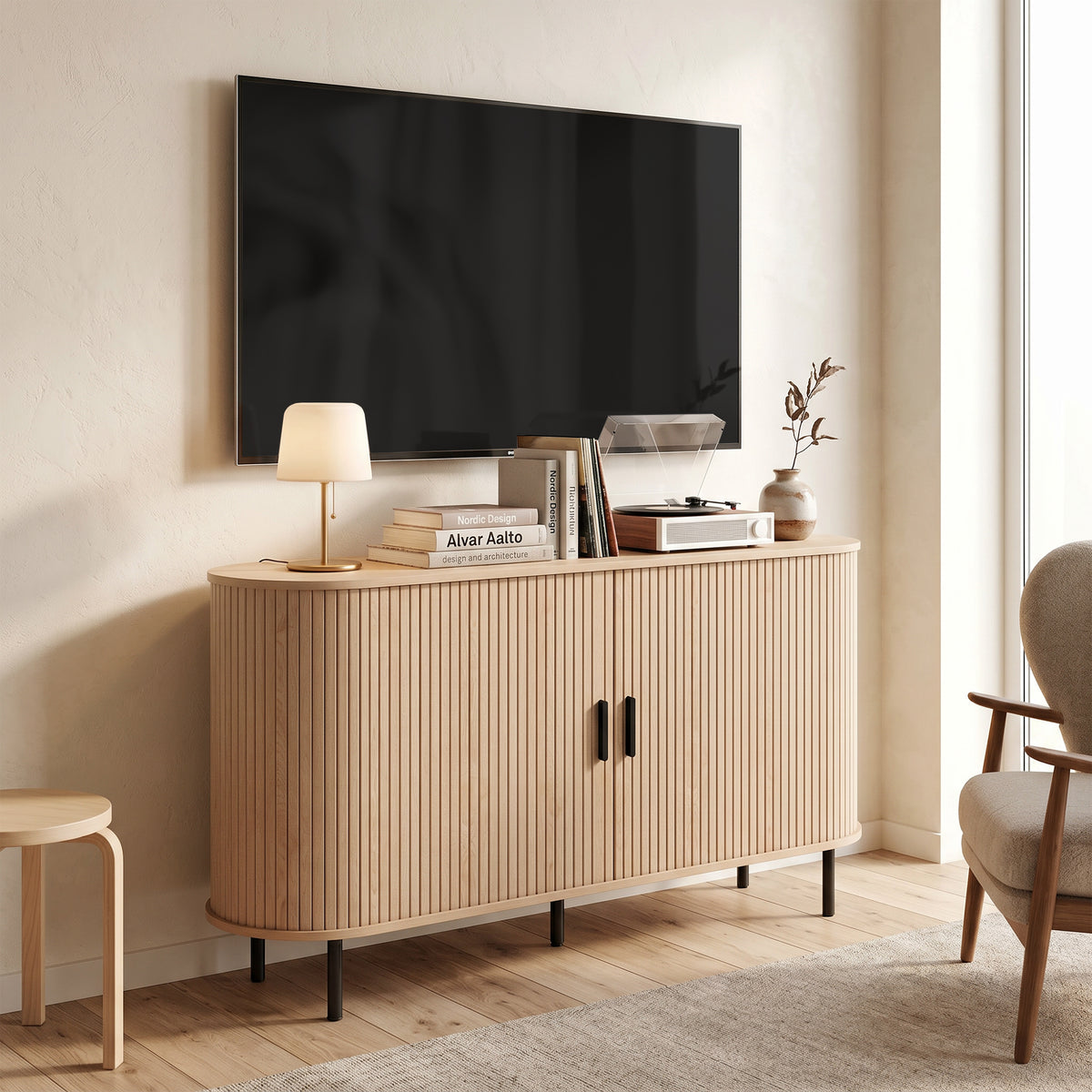 Mid Century Coffee Bar Cabinet with Sliding Doors and Adjustable Shelves – 55"W x 30"H