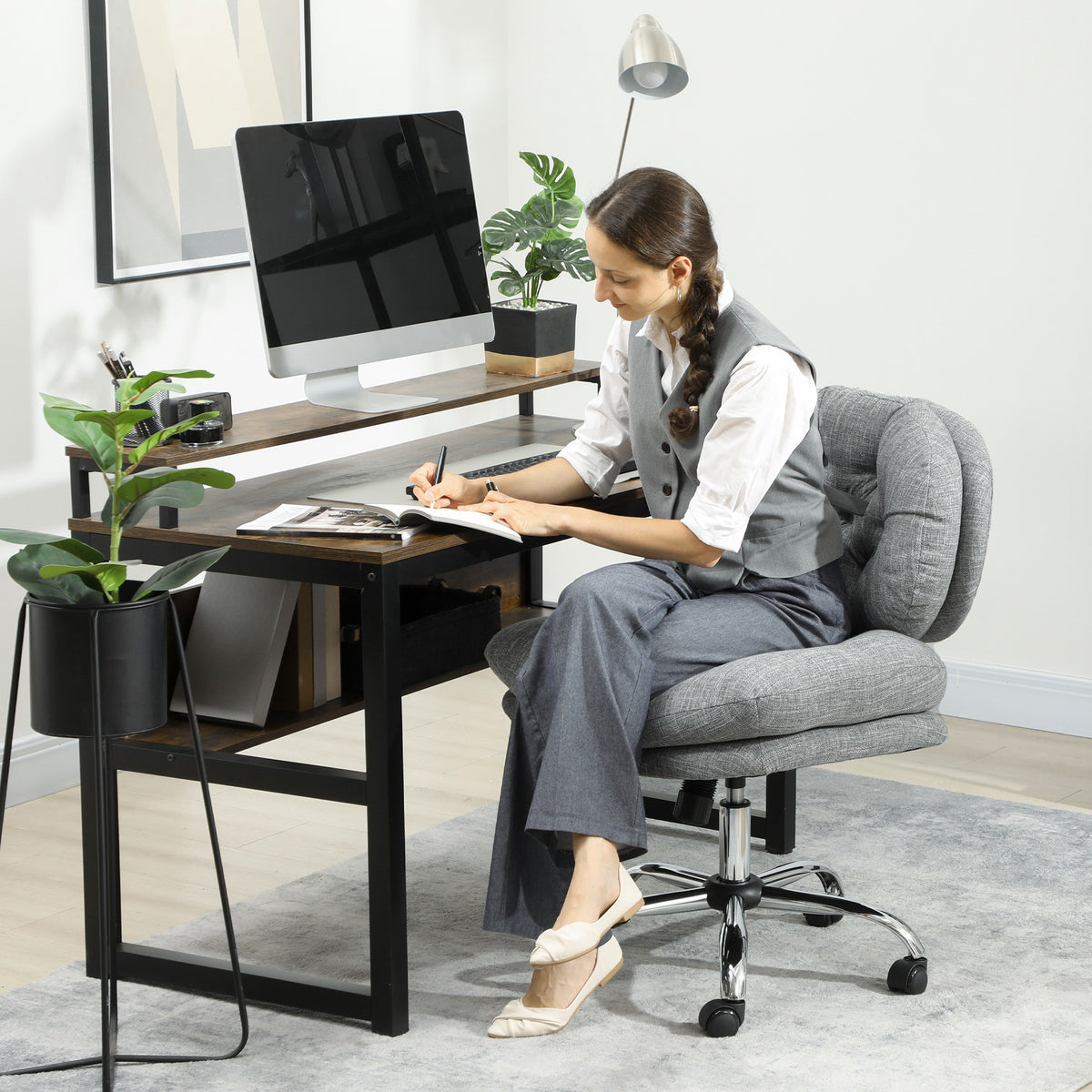 Computer Desk Chair, Armless Office Chair with Wide Padded Seat, Adjustable Height, Tilt Function, Grey