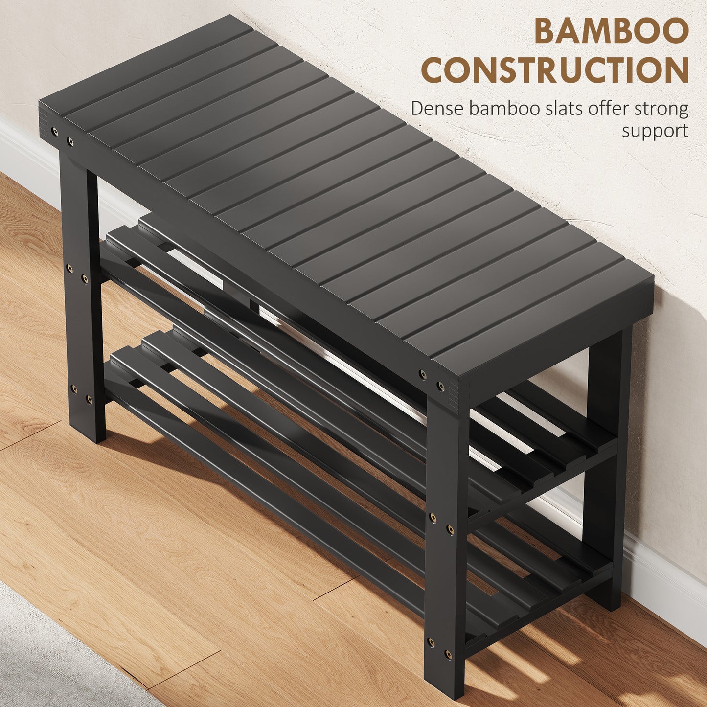 HOMCOM Black Bamboo 3-Tier Entryway Shoe Storage Bench, 6 Pair Capacity