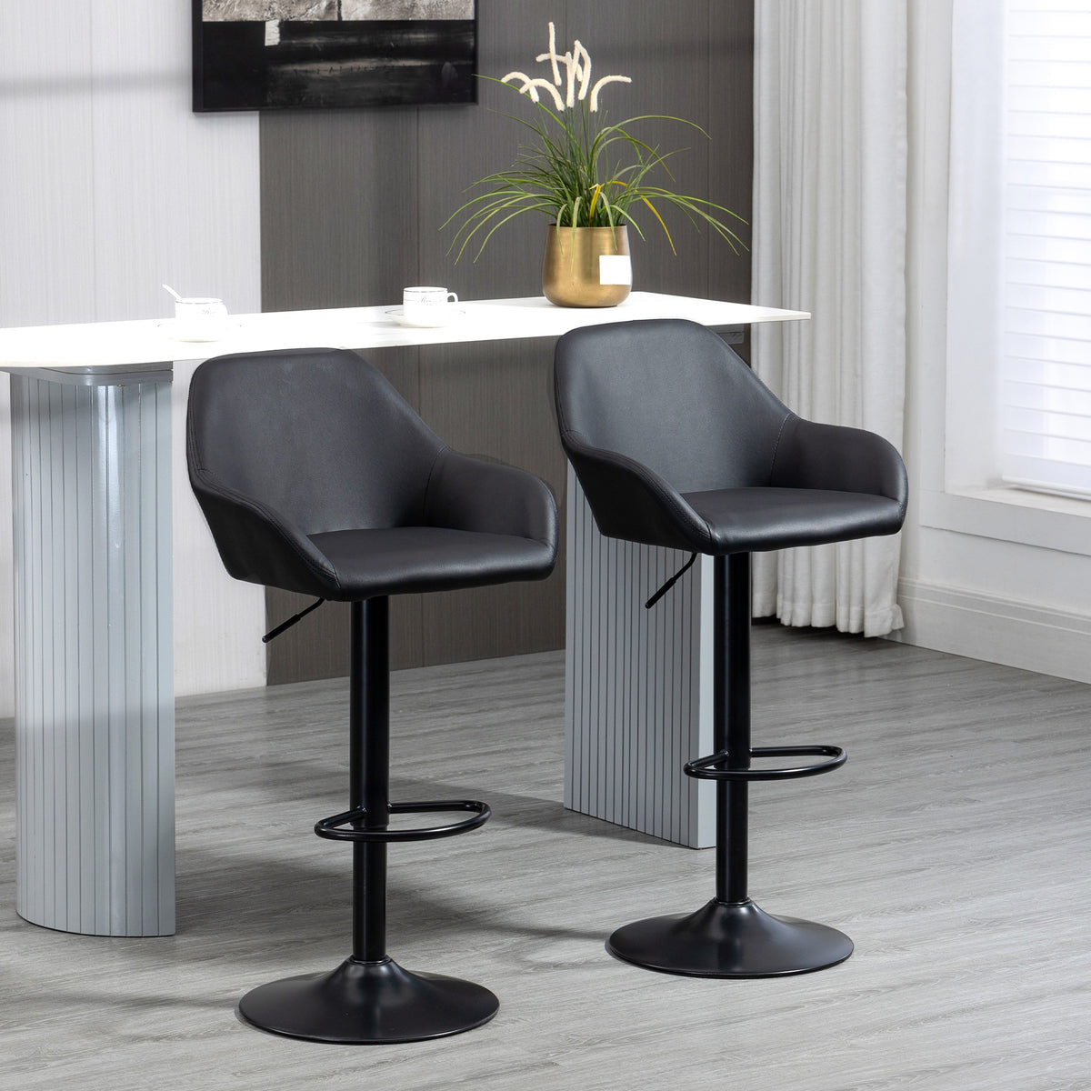 Retro PU Leather Swivel Bar Stools with Footrest and Mid Back, Round Base, Set of 2, Black