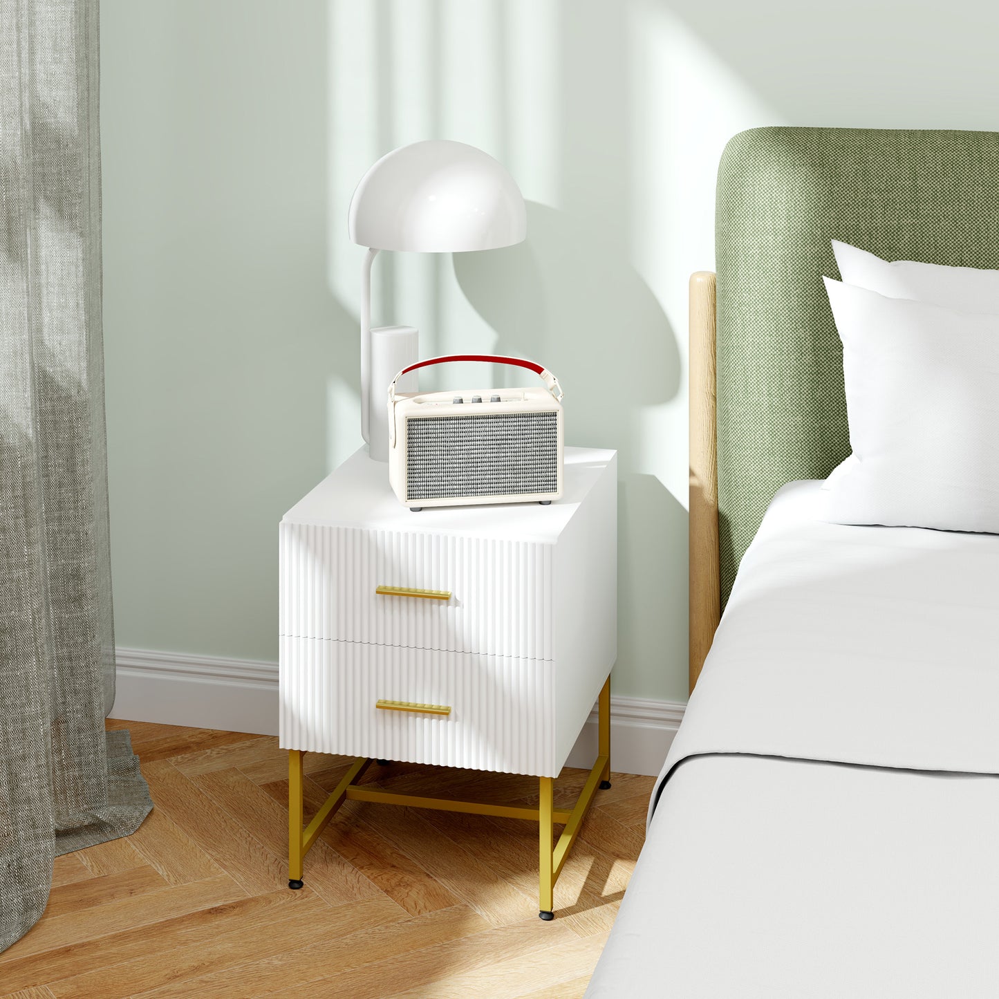 Modern White Nightstands Set, 2 Fluted Drawers, Gold Legs, Bedroom Storage Tables