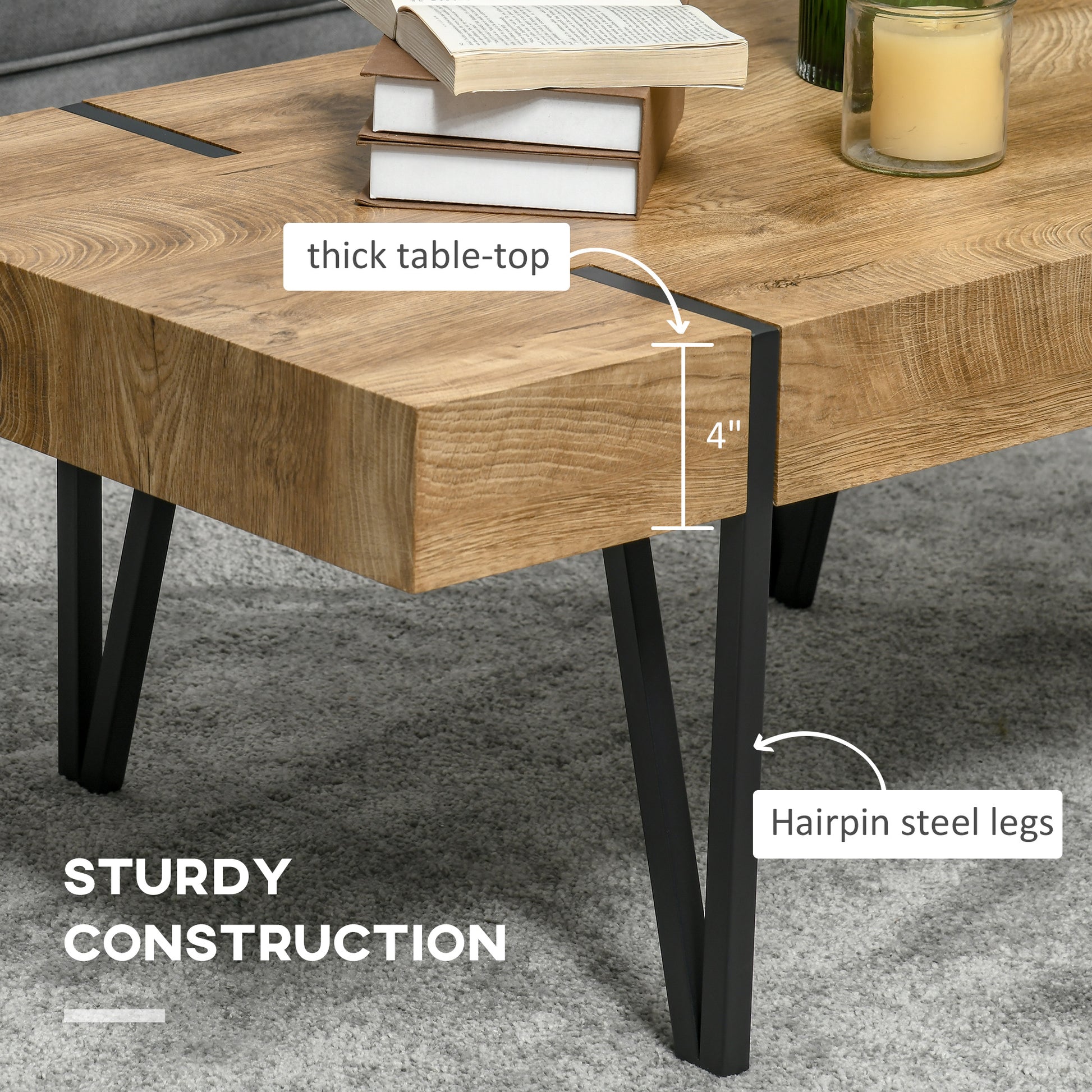 HOMCOM Rustic Rectangle Coffee Table with Steel Hairpin Legs for Home