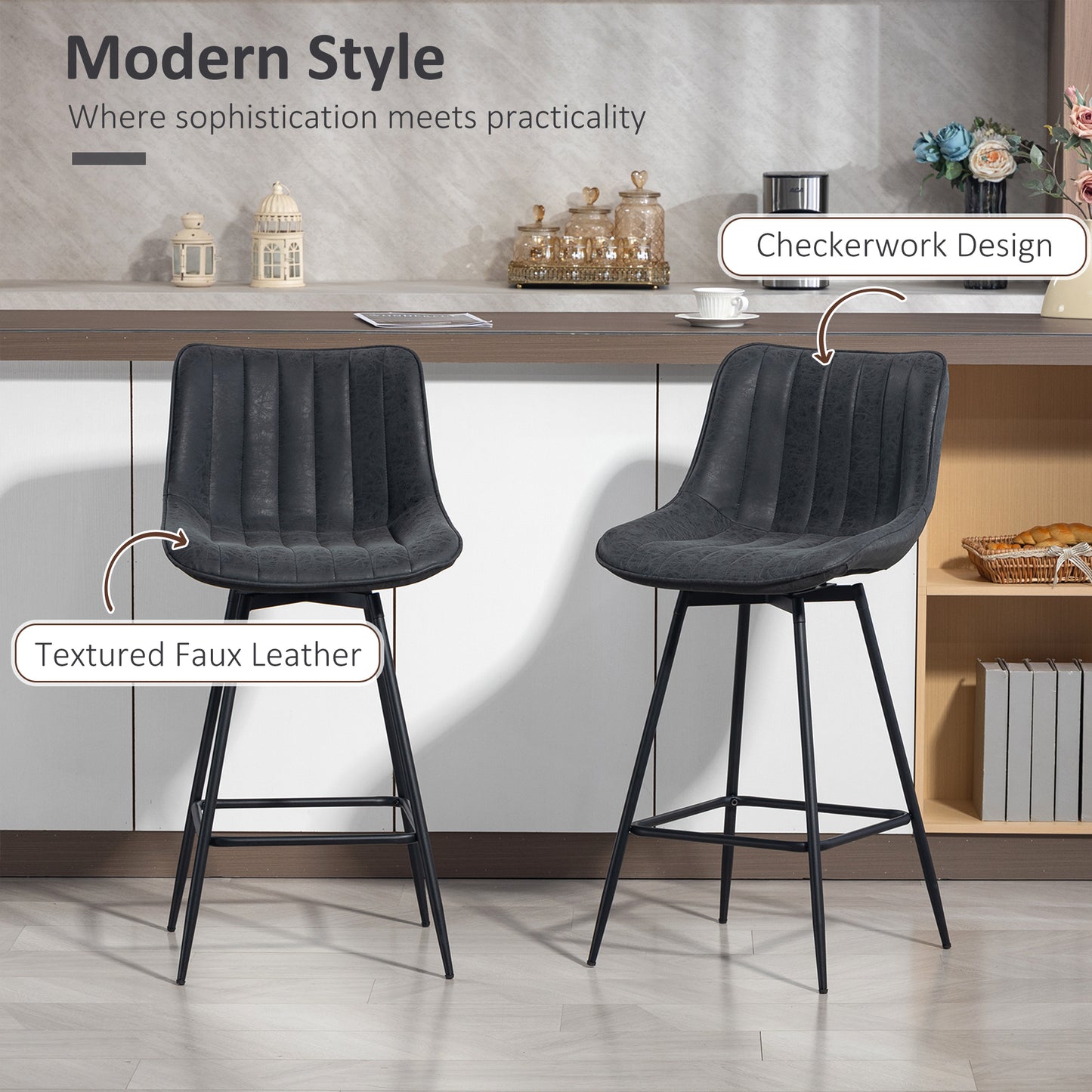 Modern Black PU Leather Counter Height Bar Stools Set, Swivel Backrest, Footrest