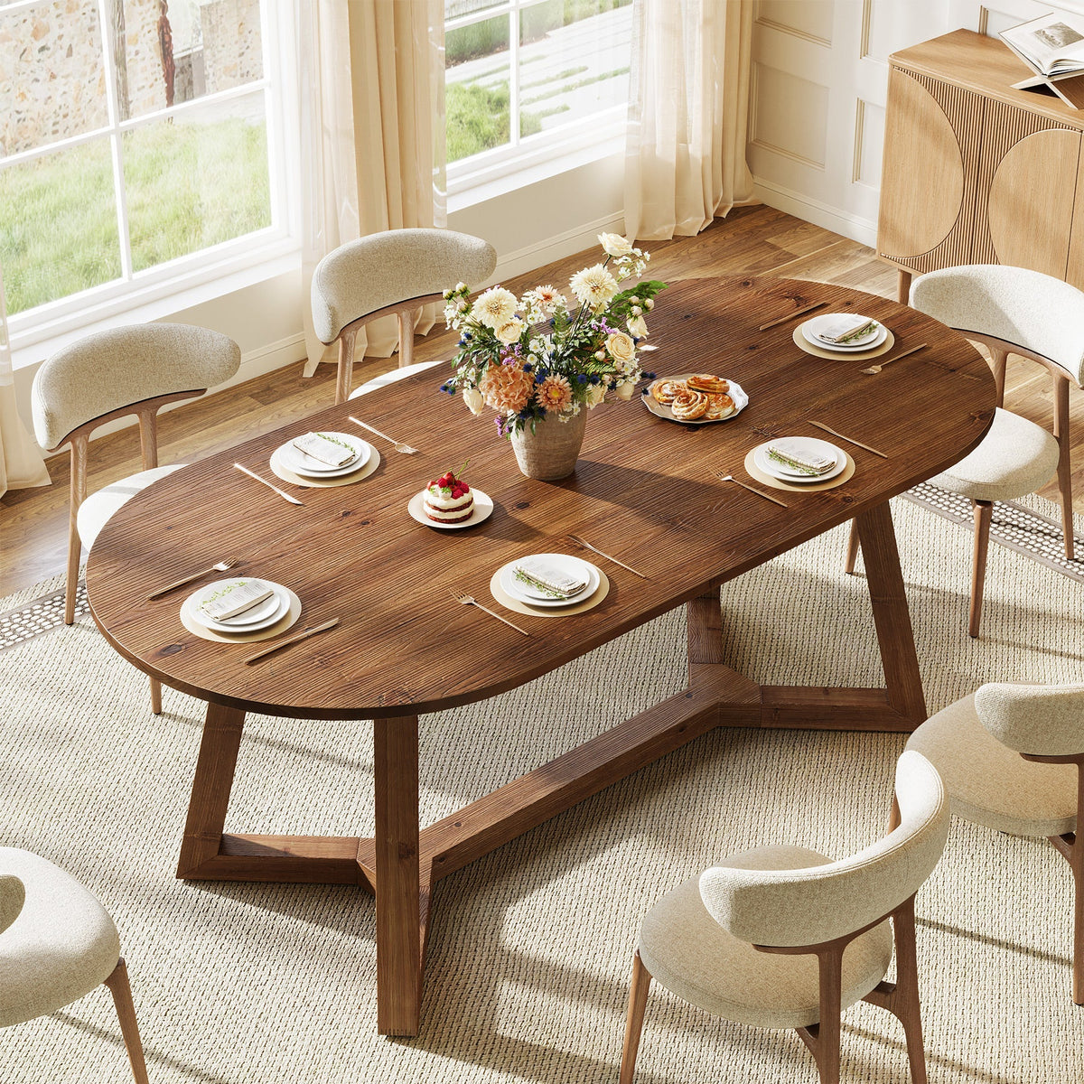 Solid Wood Oval Dining Table, 63" Kitchen Table with Sturdy Tapered Legs for 4-6