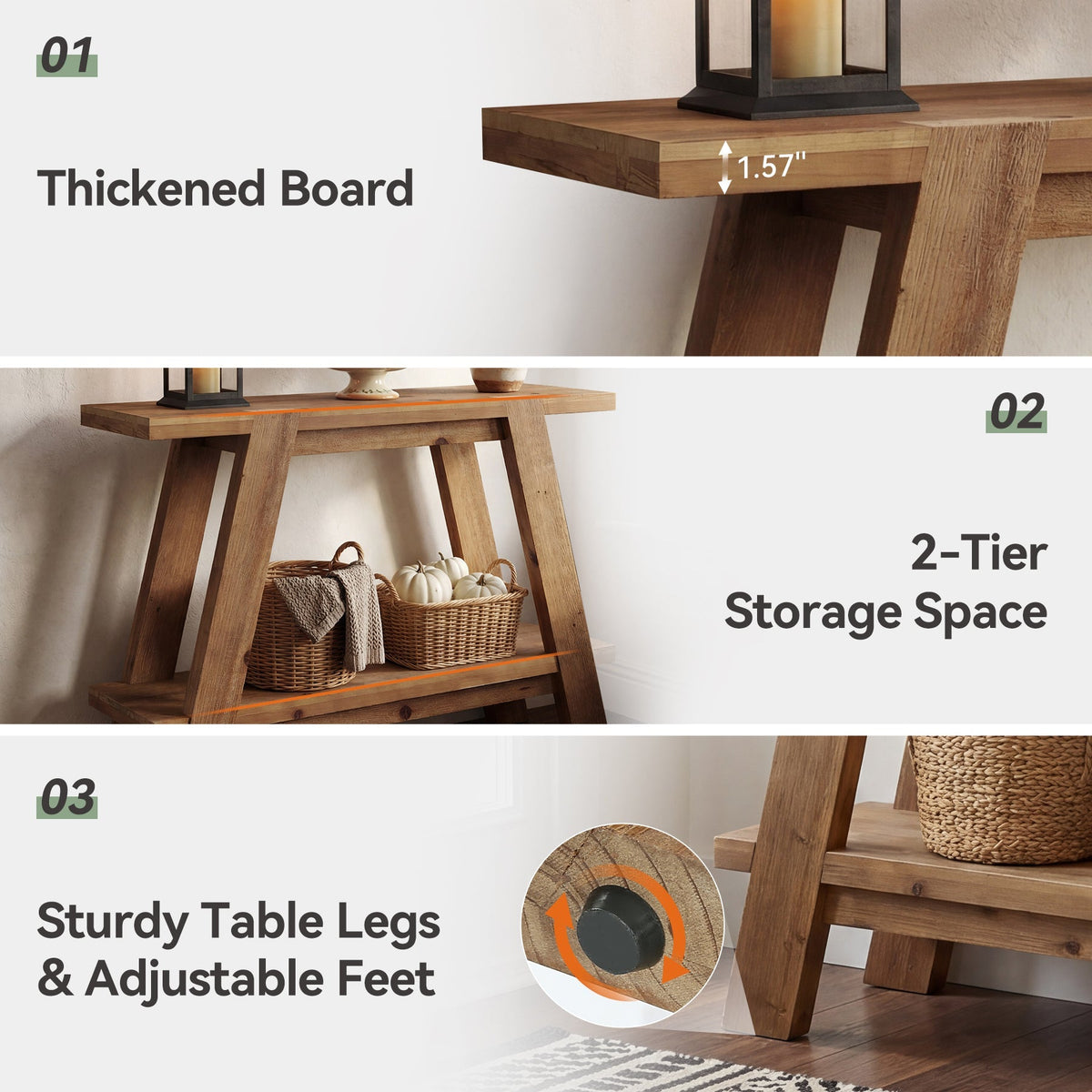 43" Solid Wood Console Table, 2-Tier Narrow Sofa Entryway Table for Living Room
