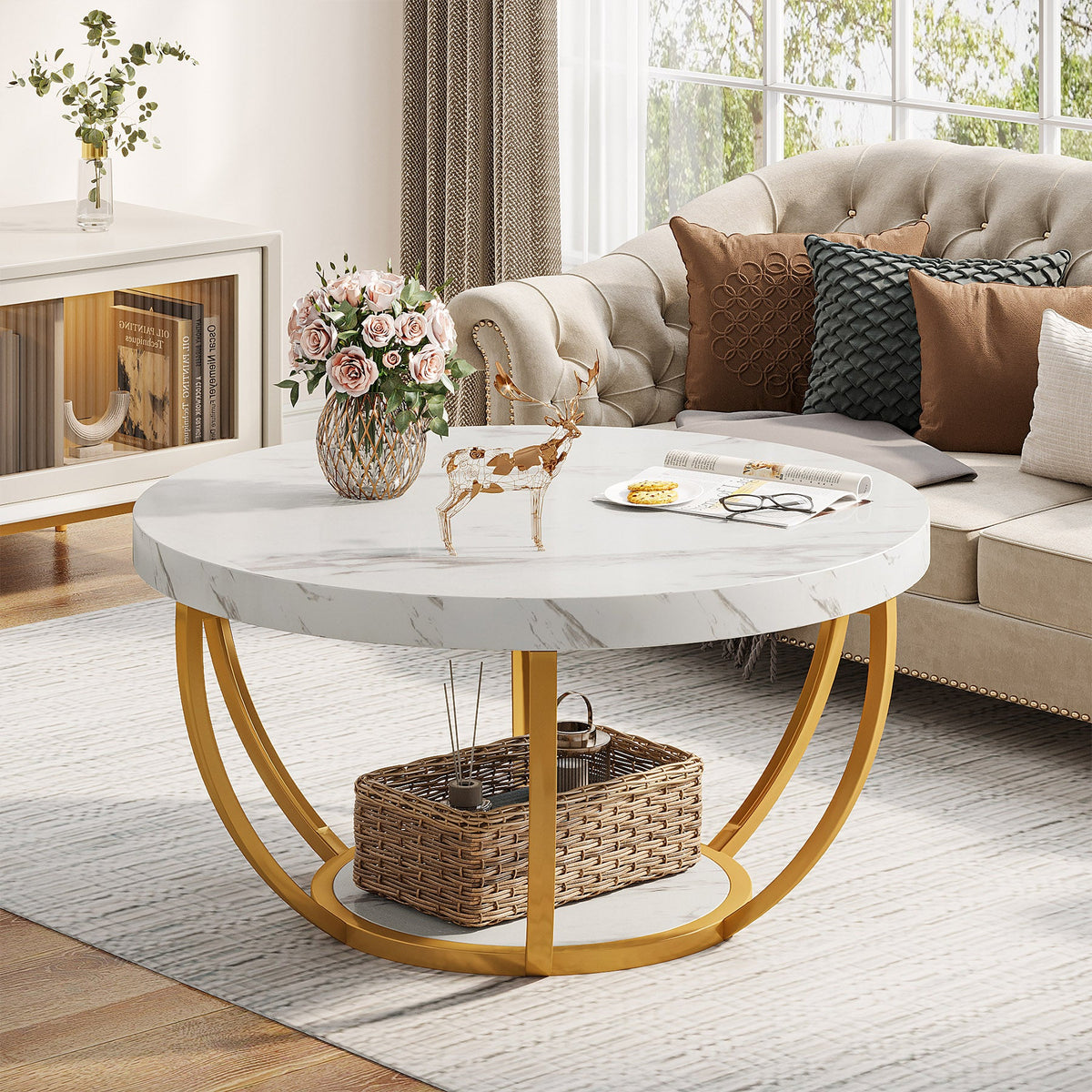 Round Coffee Table, 2-Tier Central Cocktail Table with Shelves