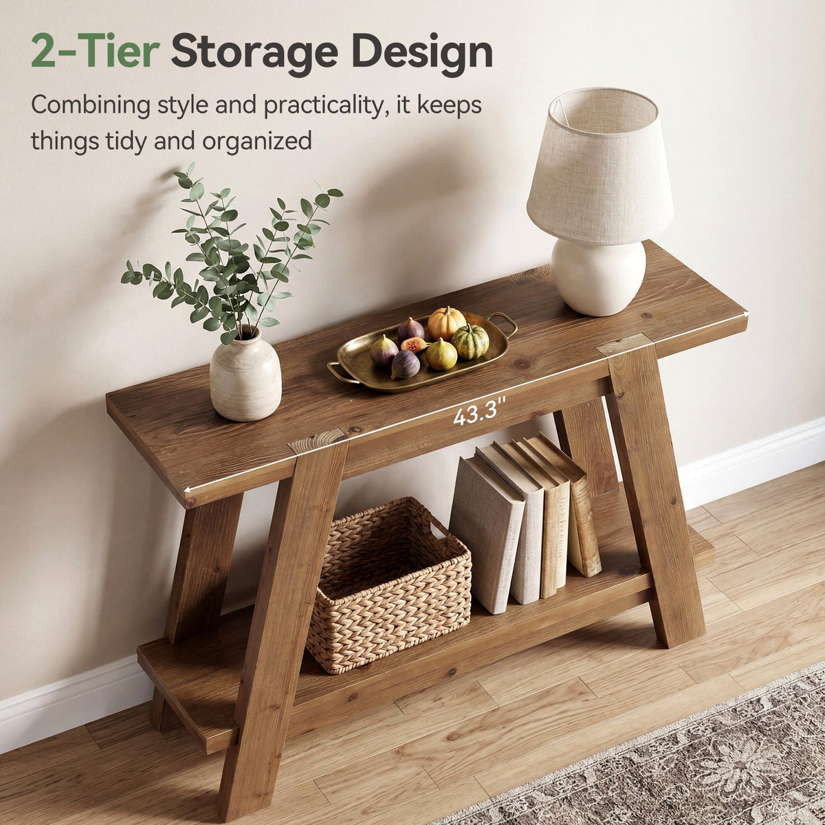43" Solid Wood Console Table, 2-Tier Narrow Sofa Entryway Table for Living Room