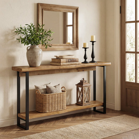 63" Solid Wood Live-Edge Console Table with Metal Legs – Narrow Farmhouse Sofa Table