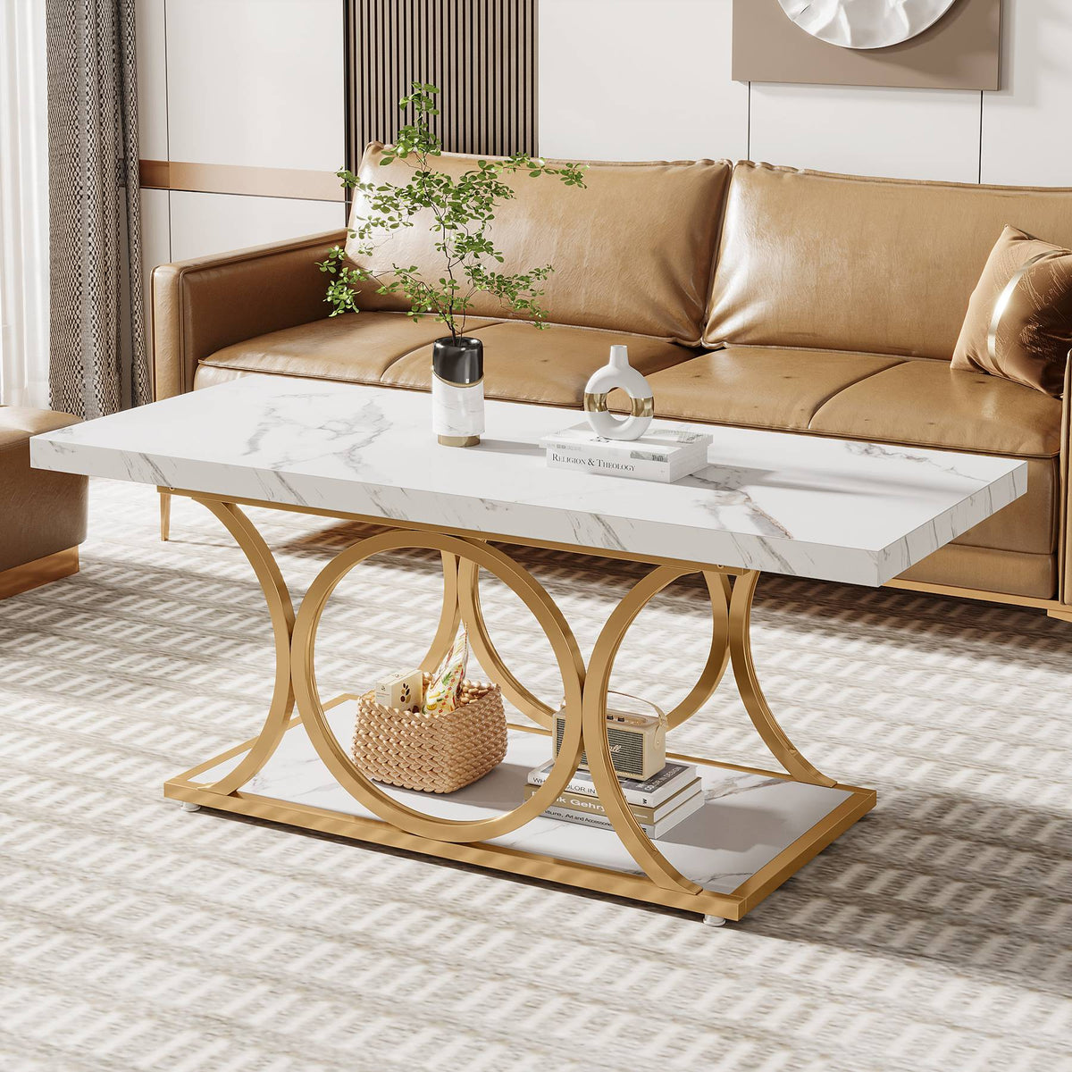 Rectangle Coffee Table, 46.45" Center Table with Faux Marble Top