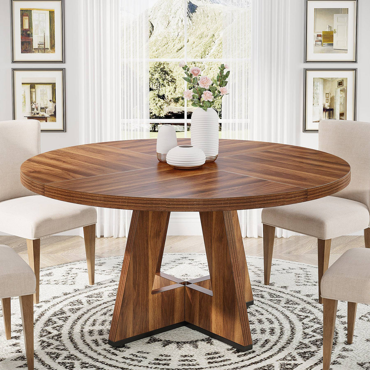 Round Dining Table for 4, 47" Wood Kitchen Table Farmhouse Dinner Table