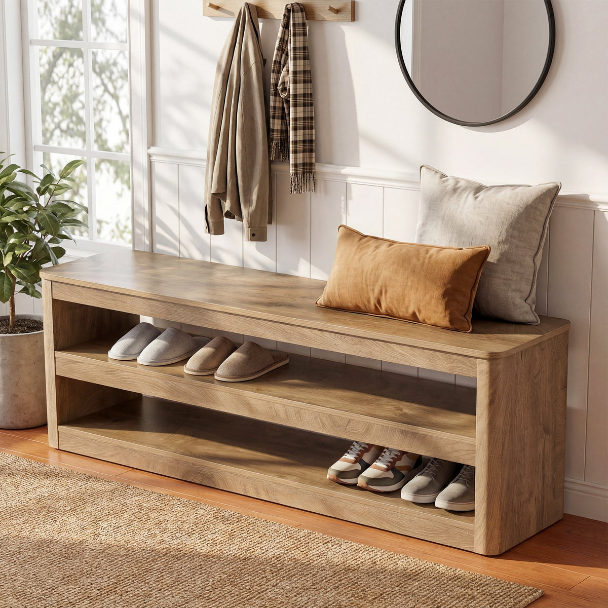 55" Entryway Bench, 3-Tier Shoe Bench End of Bed Seat for Hallway, Bedroom