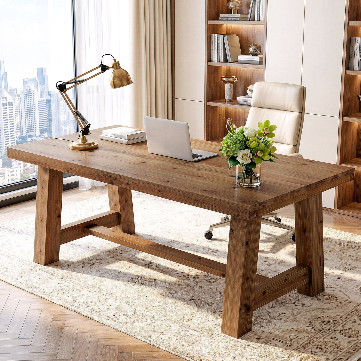 63" Farmhouse Computer Desk, Solid Wood Home Office Desk with Thick Tabletop