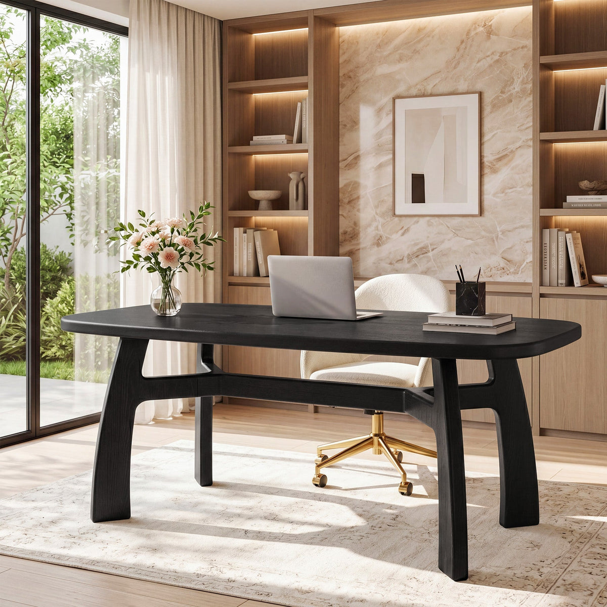 63" Solid Wood Computer Desk, Modern Office Desk with Boat-Shaped Top for Home Office