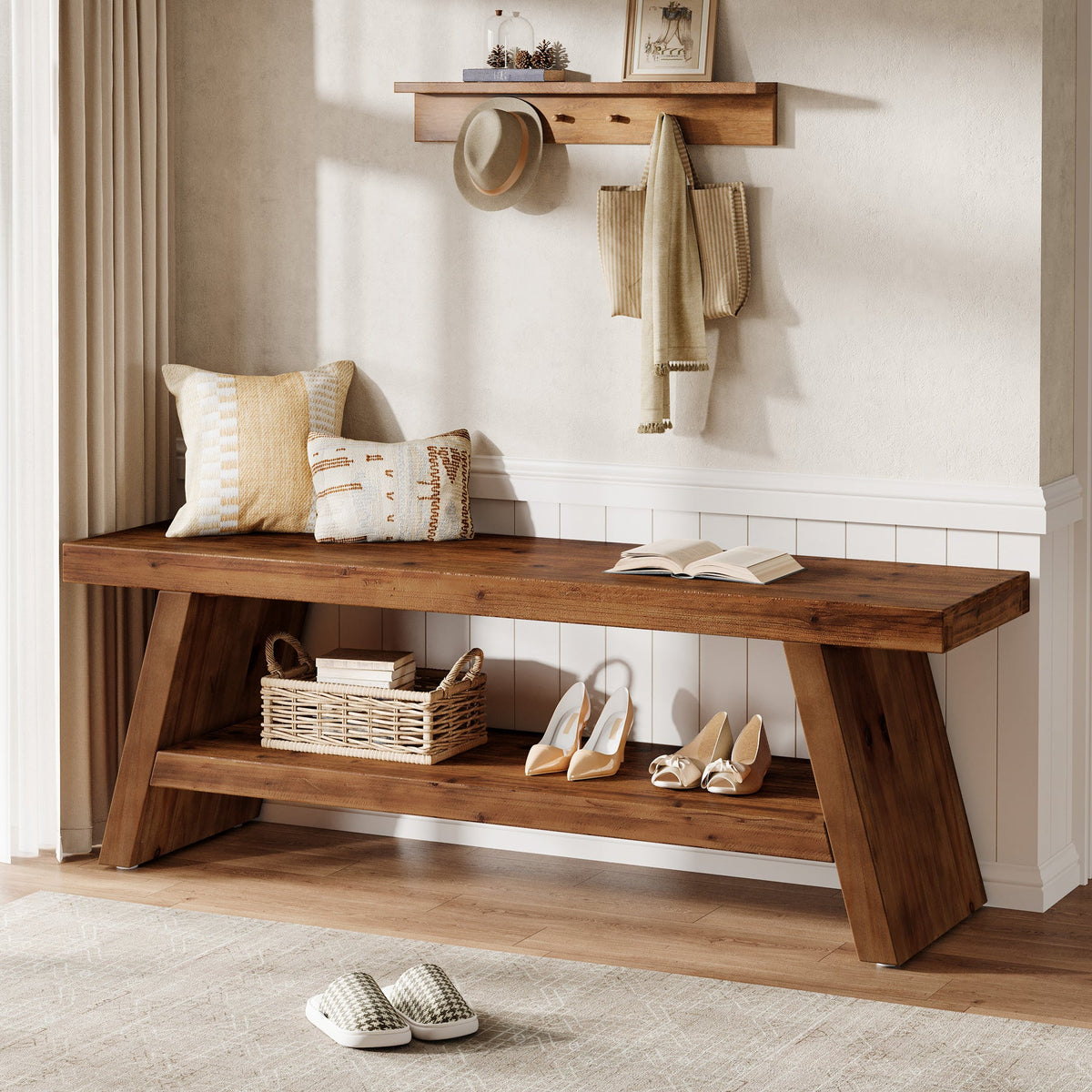 47" Solid Wood Shoe Bench, 2-Tier Entryway Bench with Open Shelves