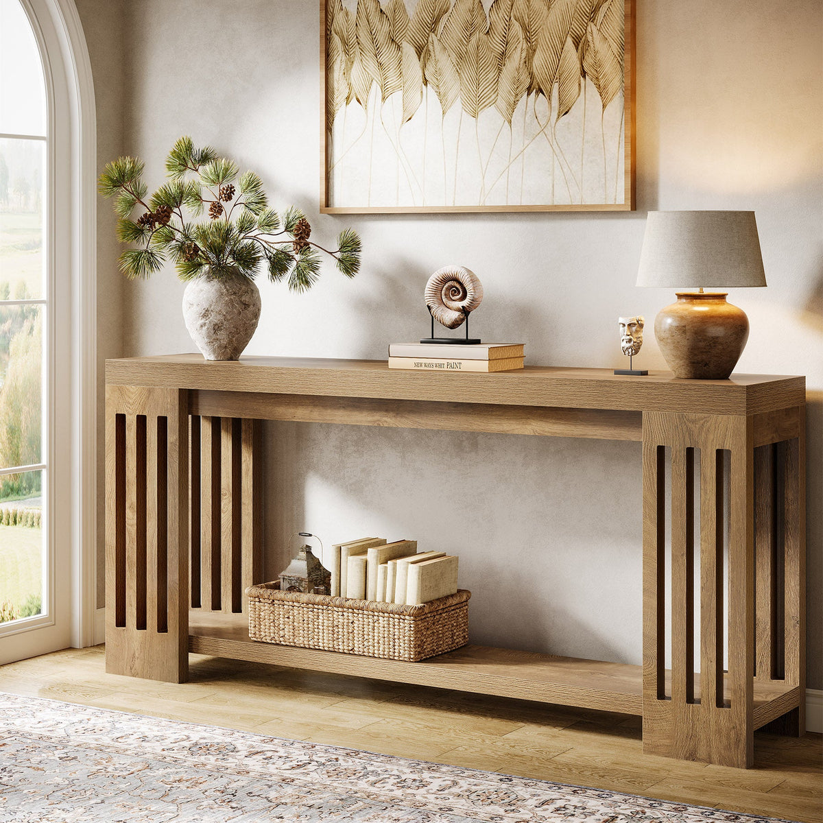 70.9" Console Table, 2-Tier Entryway Sofa Table with Vertical Stripe Legs