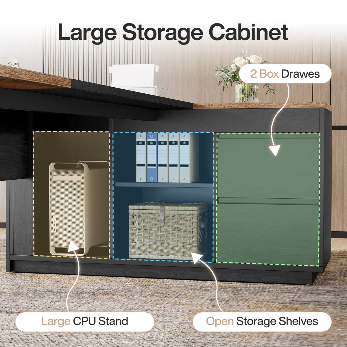 L-Shaped Executive Desk, 78.7" Computer Desk with Cabinet and Storage Shelves