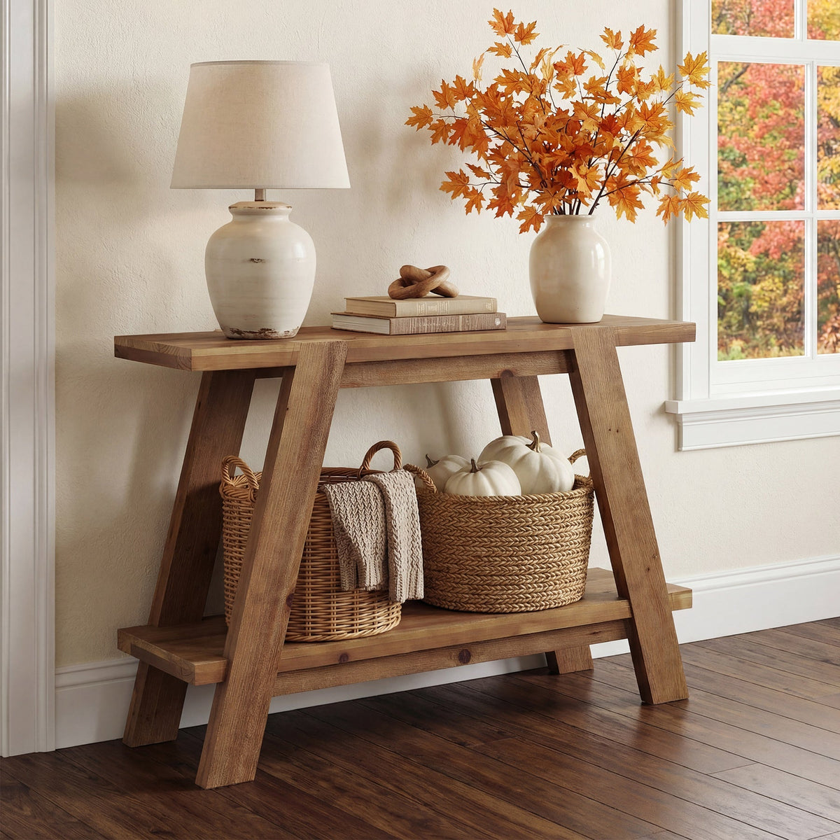 43" Solid Wood Console Table, 2-Tier Narrow Sofa Entryway Table for Living Room