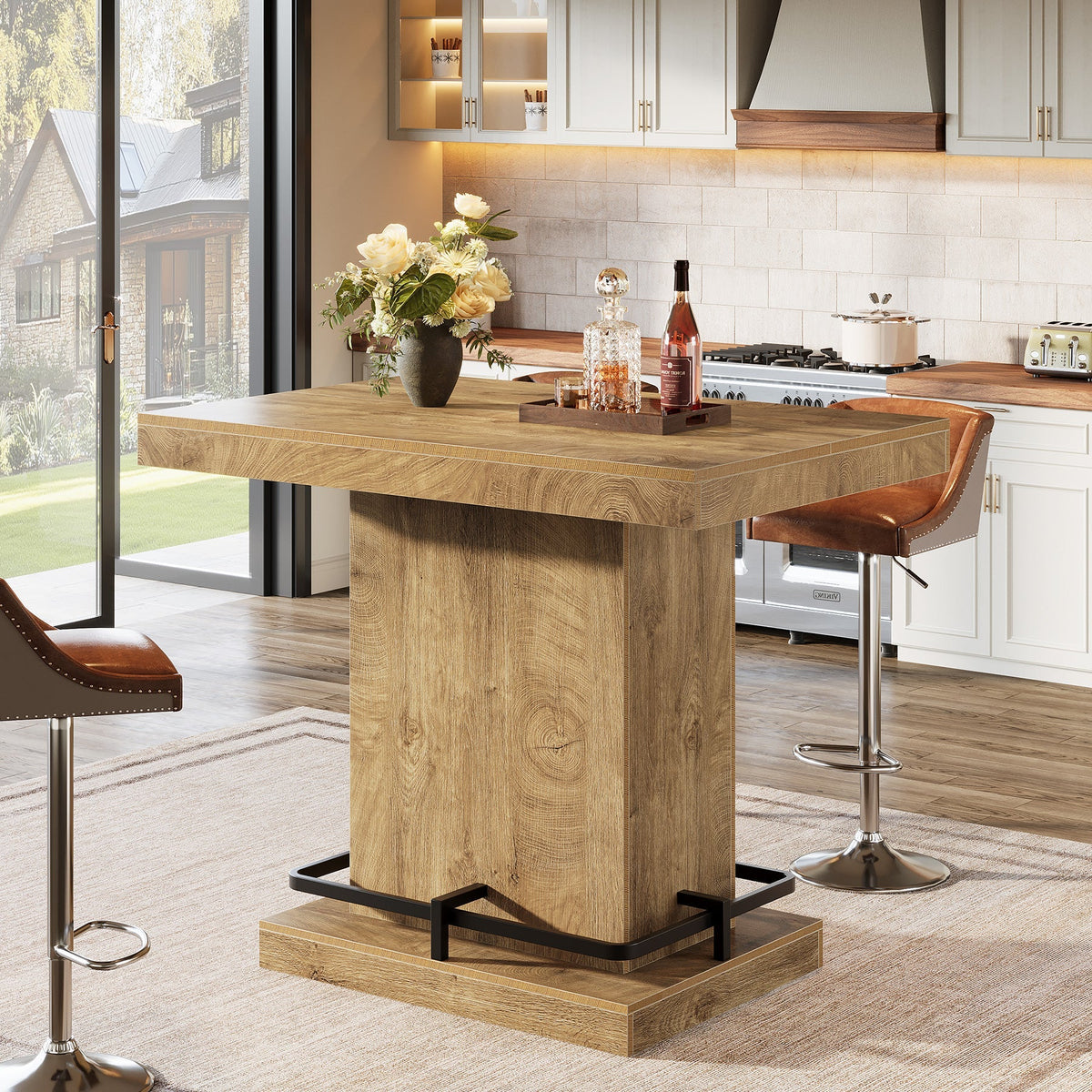 47" Bar Table, Rectangular Bistro Pub Table with Metal Footrest