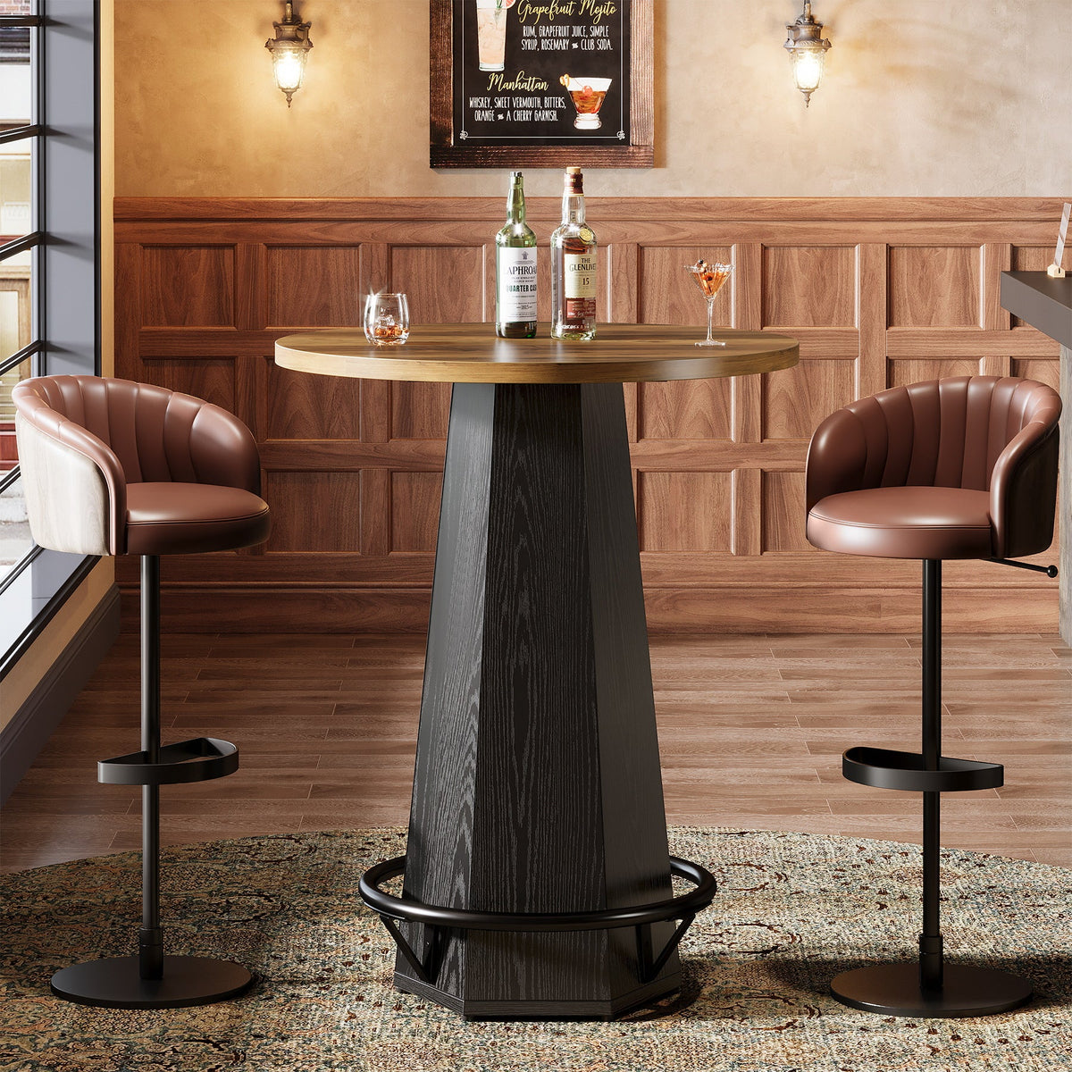 Round Bar Table for 2 People, 39.4" H Industrial Counter Height Pub Table with Metal Footrest